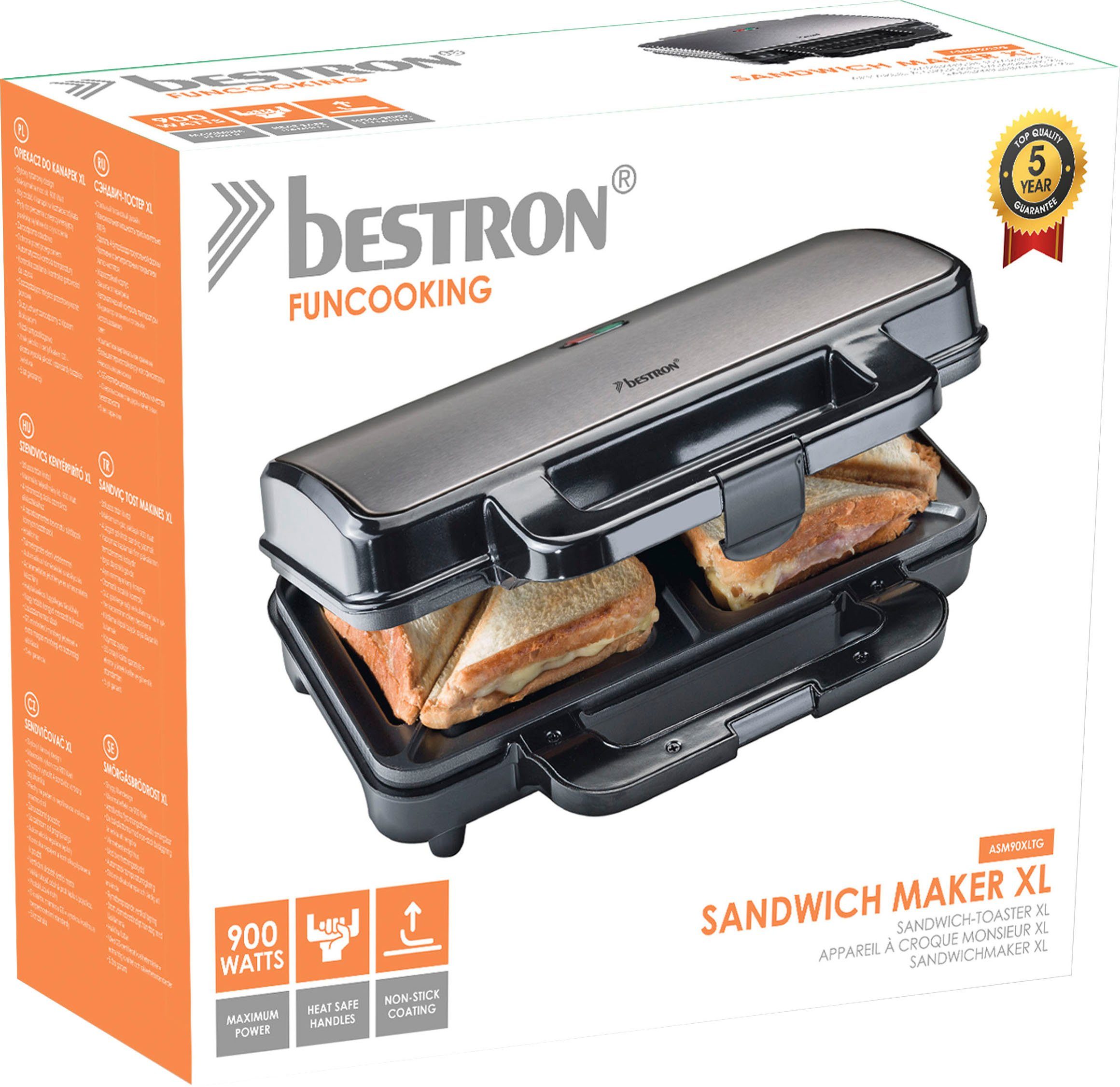 bestron Sandwichmaker ASM90XLTG, XL für 2 Sandwiches, Antihaftbeschichtetet, 900 W
