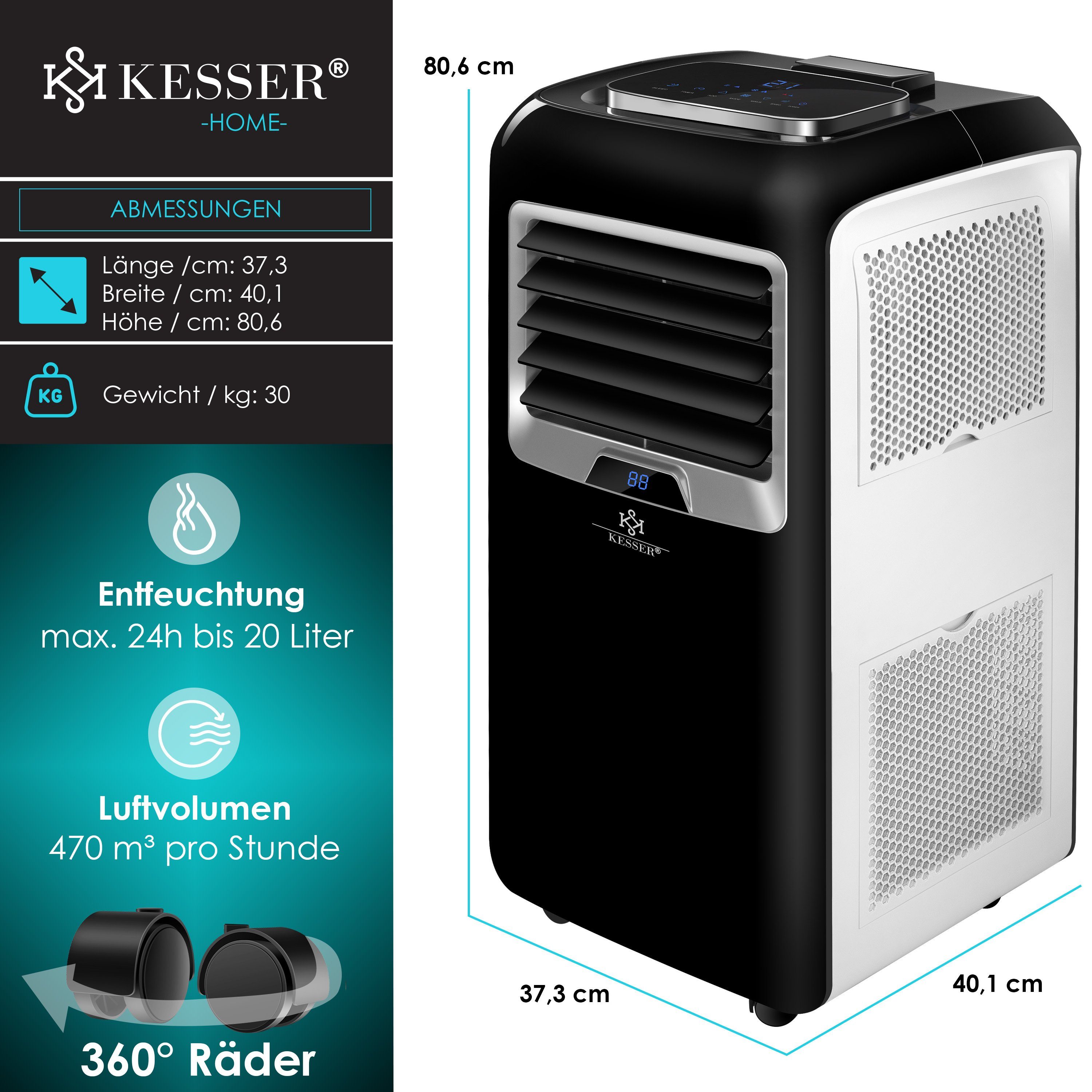 KESSER Klimagerät, Klimaanlage Mobiles Klimagerät 4in1 kühlen, Luftentfeuchter