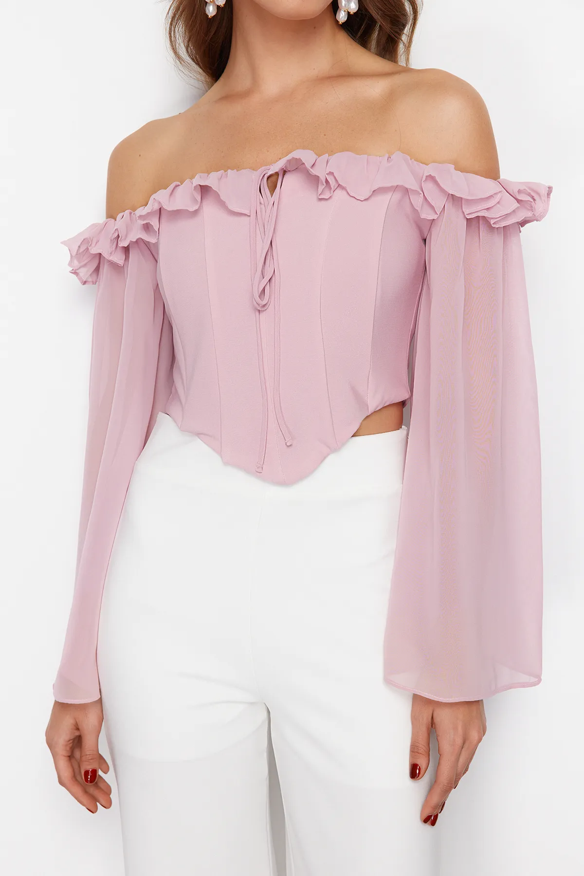 Trendyol Collection  Chiffon-Bustier – Korsett-Detail mit getrockneten Rosen, TPRSS24BS00039
