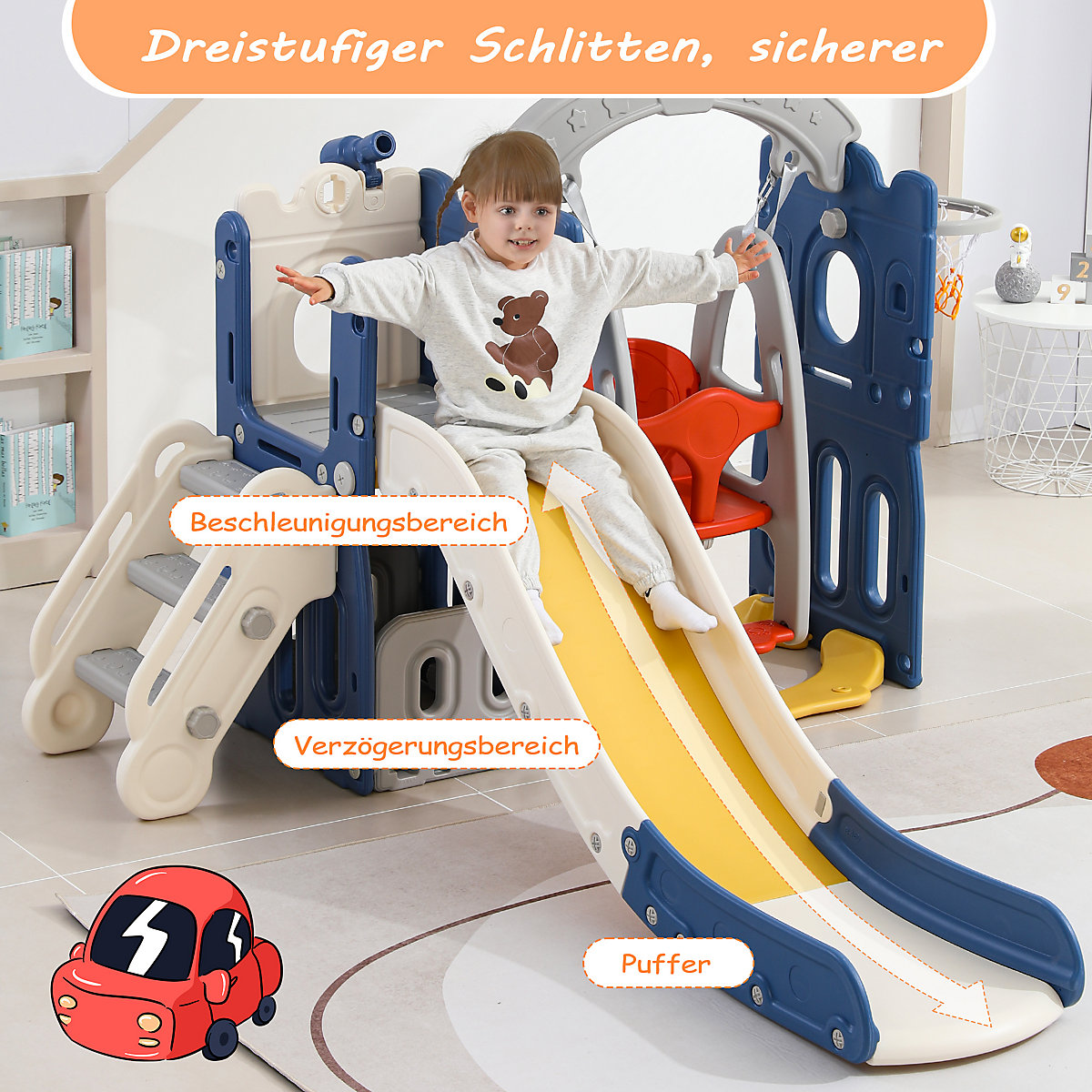 Rutsche 5-in-1 Kinderrutsche mit Schaukeln, Basketballkorb, Kletterspielzeug mit Trittleiter