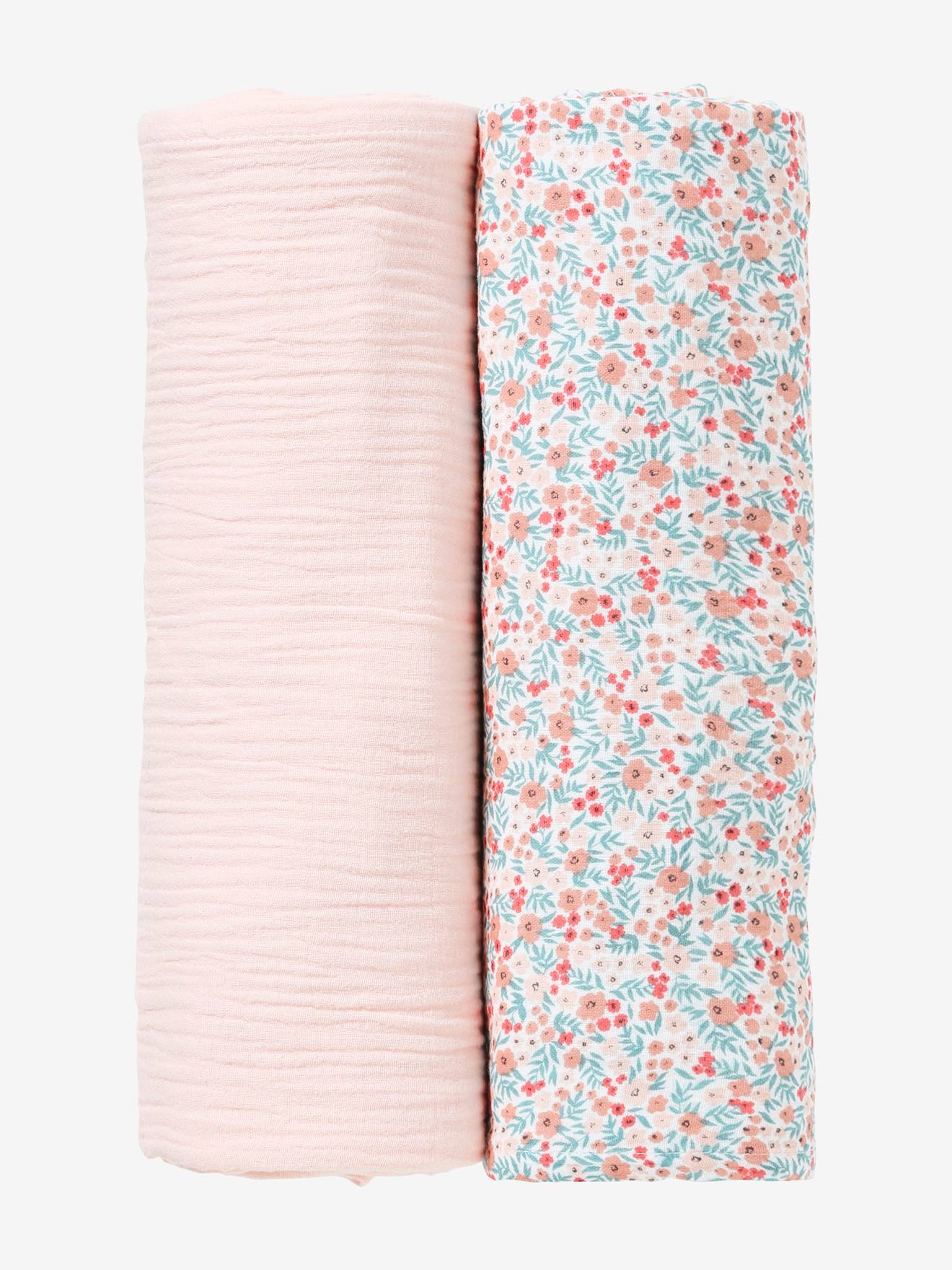 Lot de 2 langes d'emmaillotage rose/fleurs