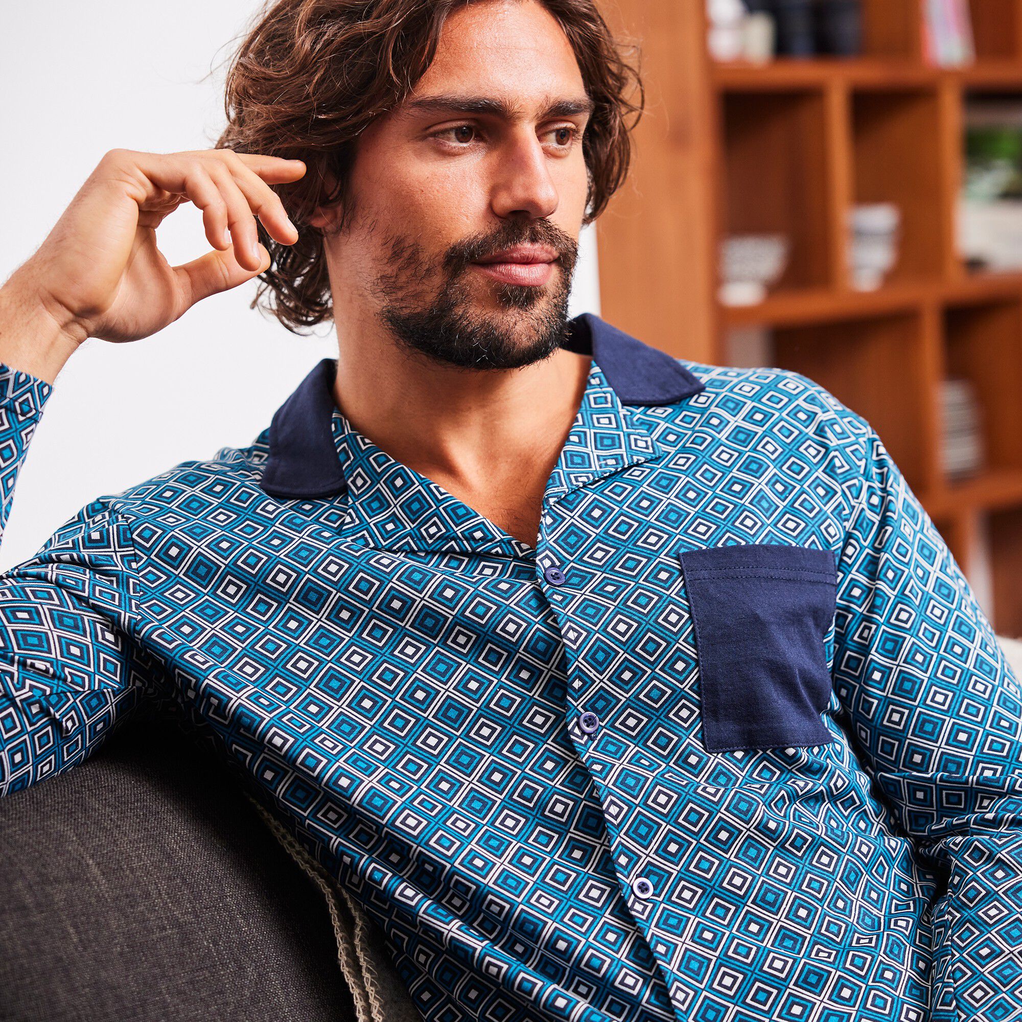 Pyjama jersey col chemise boutonné