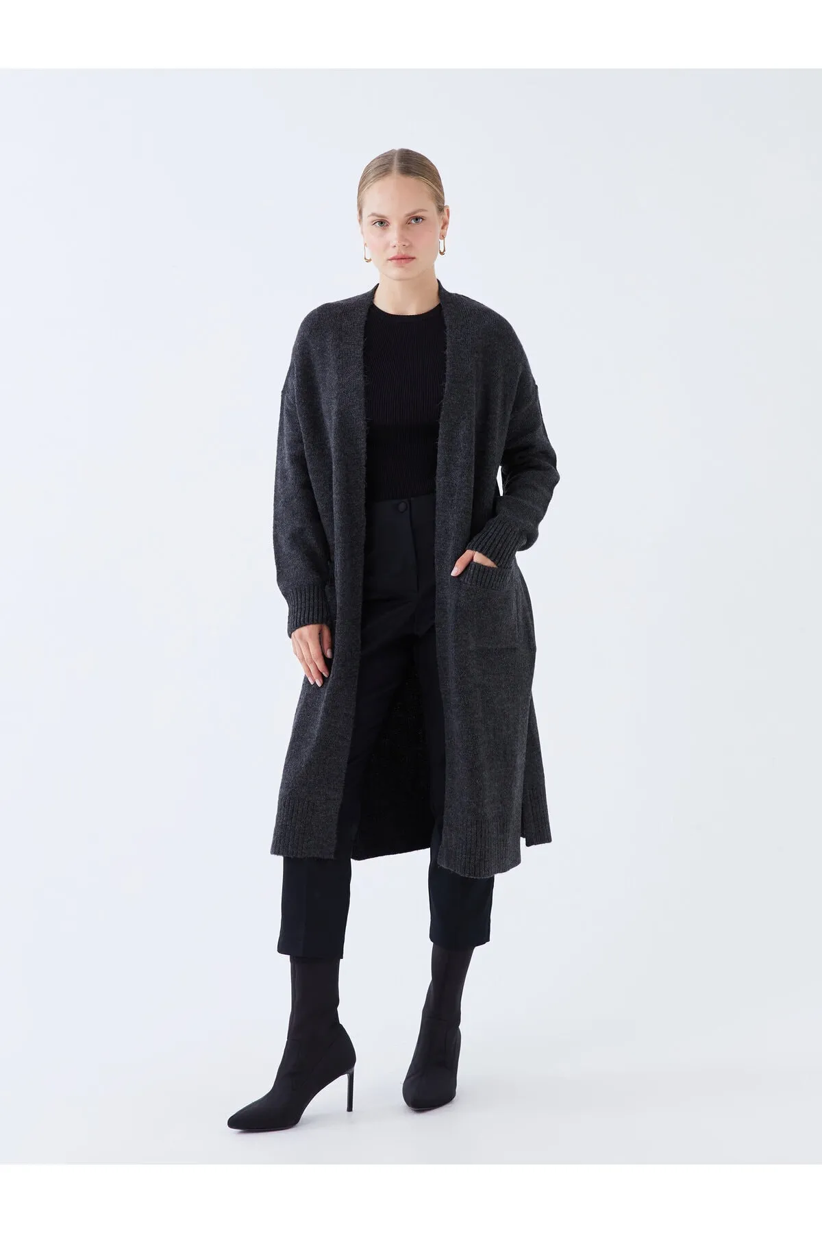 LC Waikiki  Einfarbiger, langärmliger Damen-Strick-Cardigan mit Schalkragen