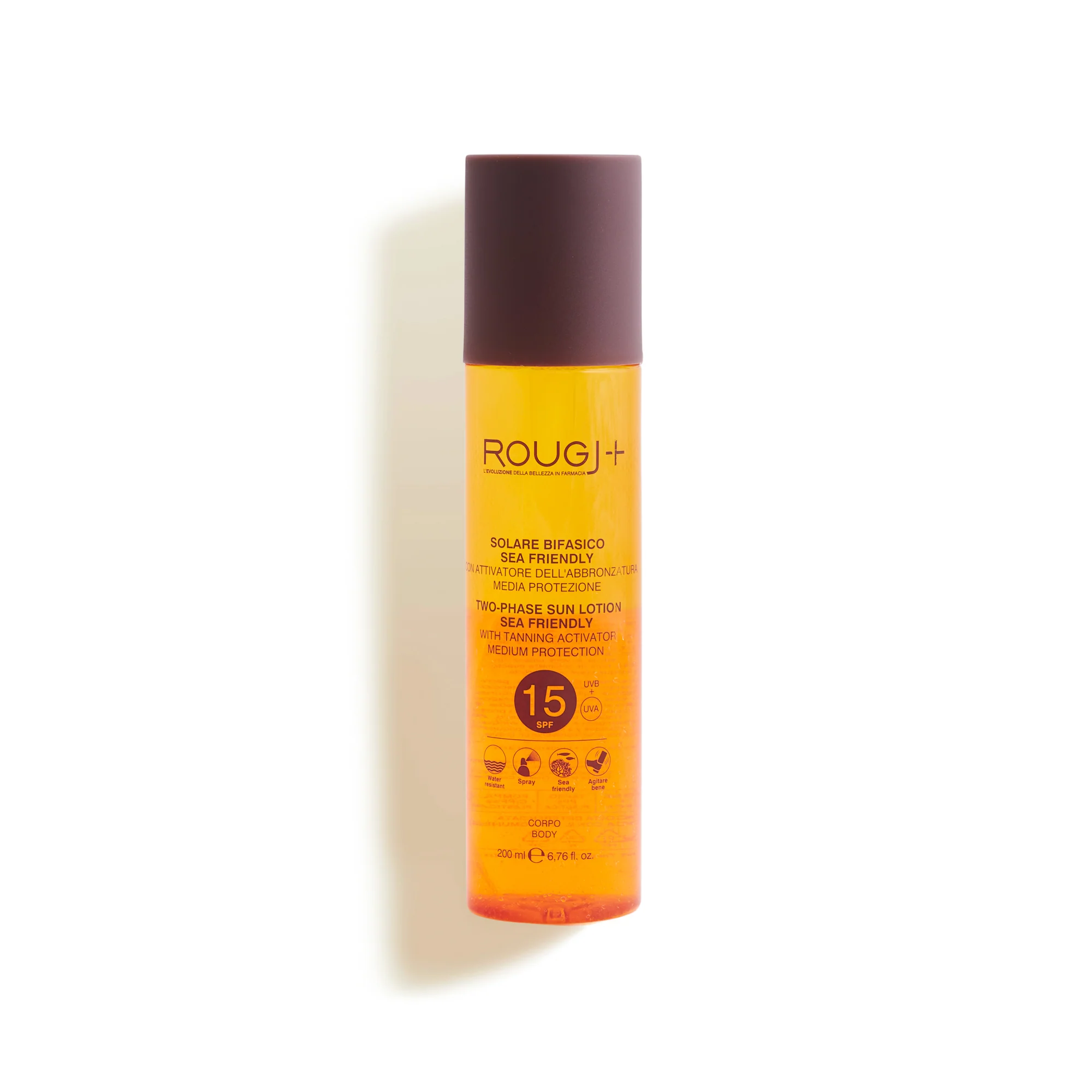 Protector solar bifásico Suntech SPF15 con activador de melanina - Spray solar corporal de protección media.