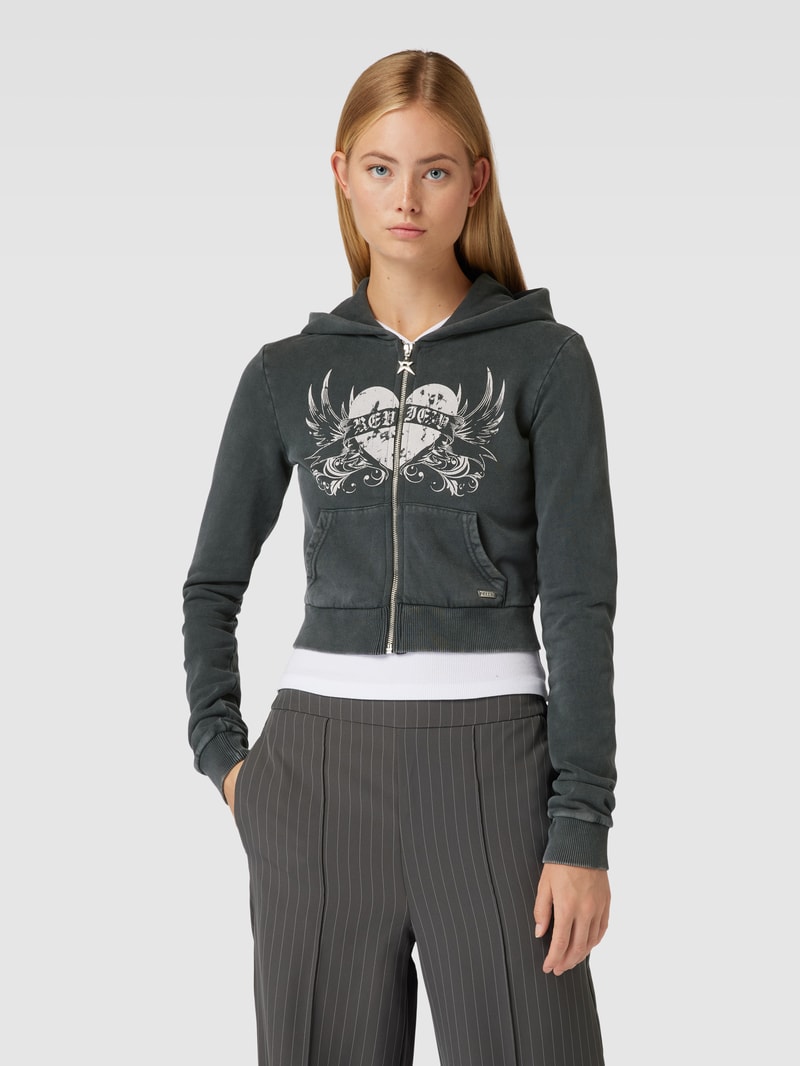 Sweatjacke mit Label-Print in anthrazit