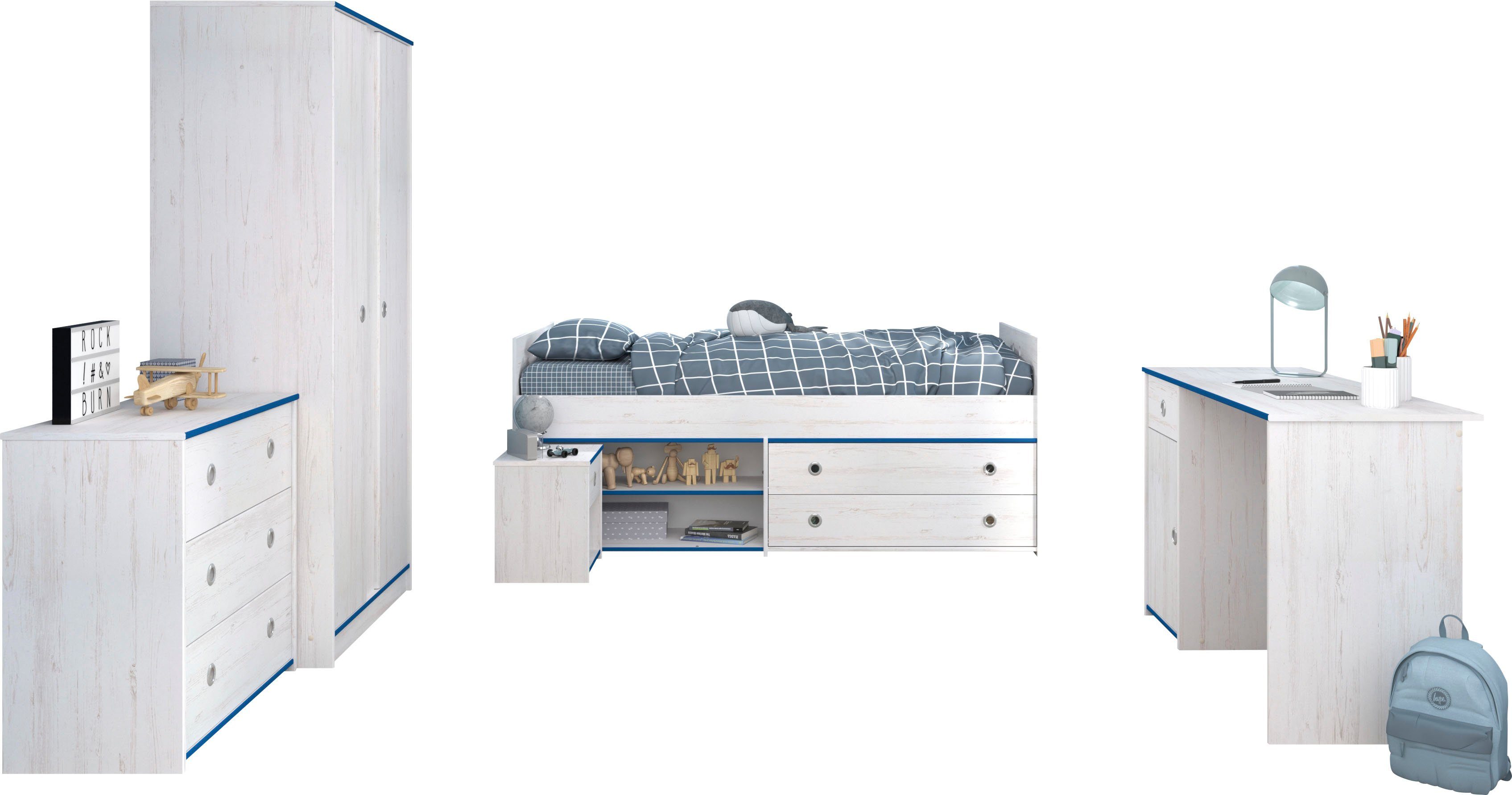 Parisot Jugendzimmer-Set Smoozy, (Set, 5-St., Stauraumbett, Nachttisch, Kleiderschrank, Schreibtisch und Kommode)