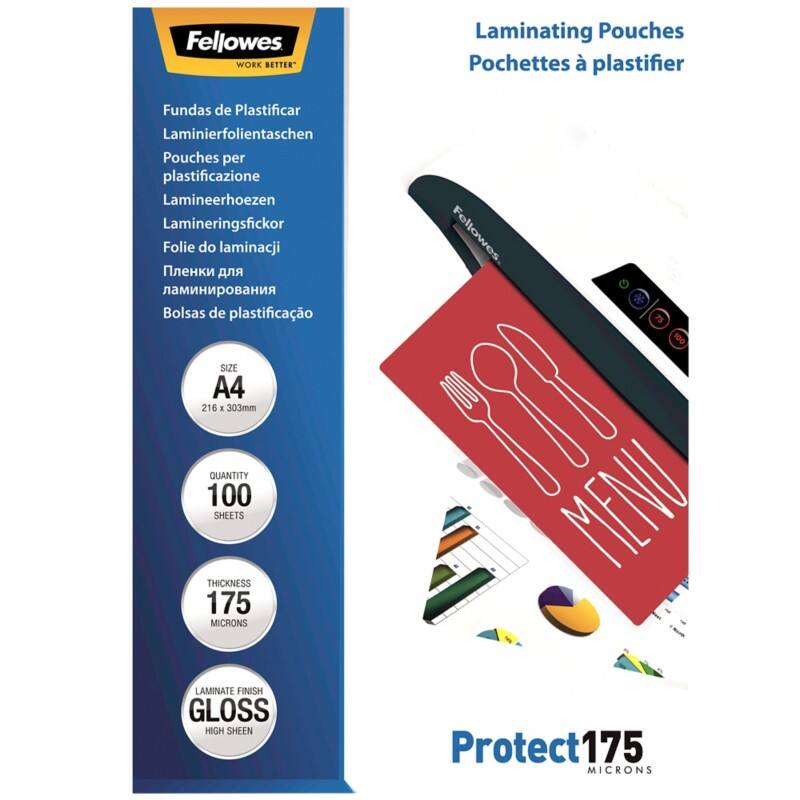 Fellowes Protect Laminierfolien DIN A4 Glänzend 175 Mikron (2 x 175) Transparent 100 Stück
