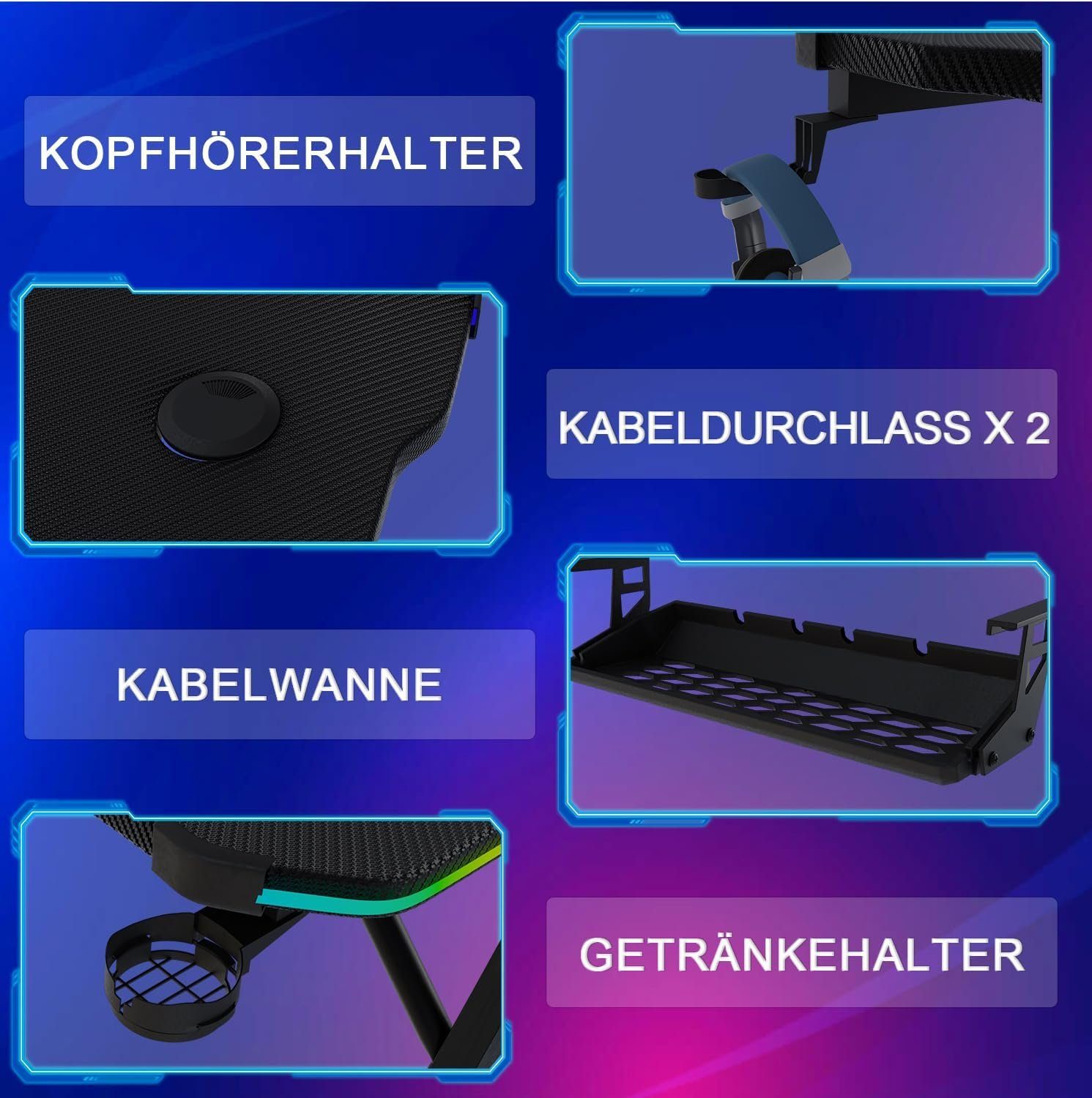 GUNJI Gamingtisch LED-Computertisch 120/140/160cm, mit Becherhalter und Kopfhörerhaken