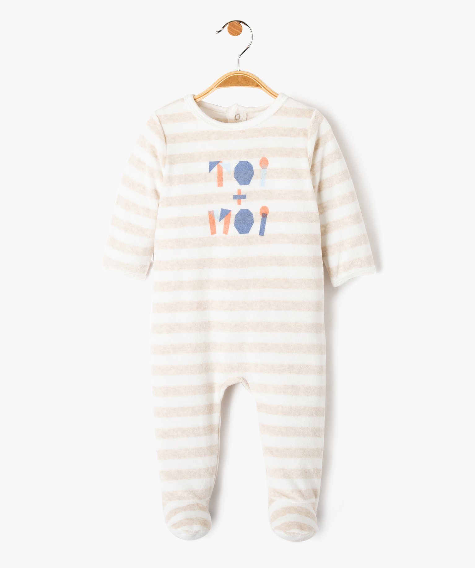 Pyjama bébé en velours rayé avec ouverture pont-dos ecru | GEMO