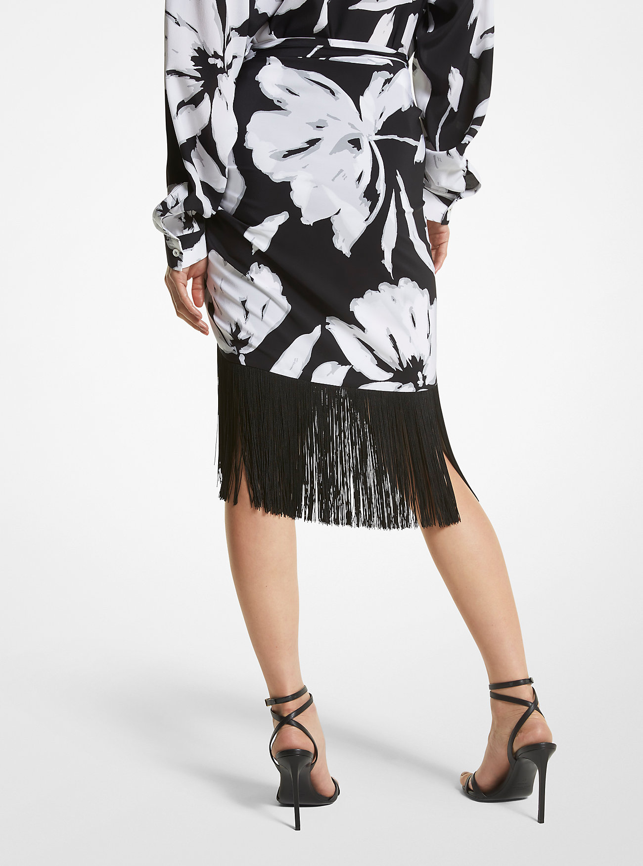 Brushstroke Floral Silk Crepe De Chine Fringed Sarong Skirt - WHITE/BLACK