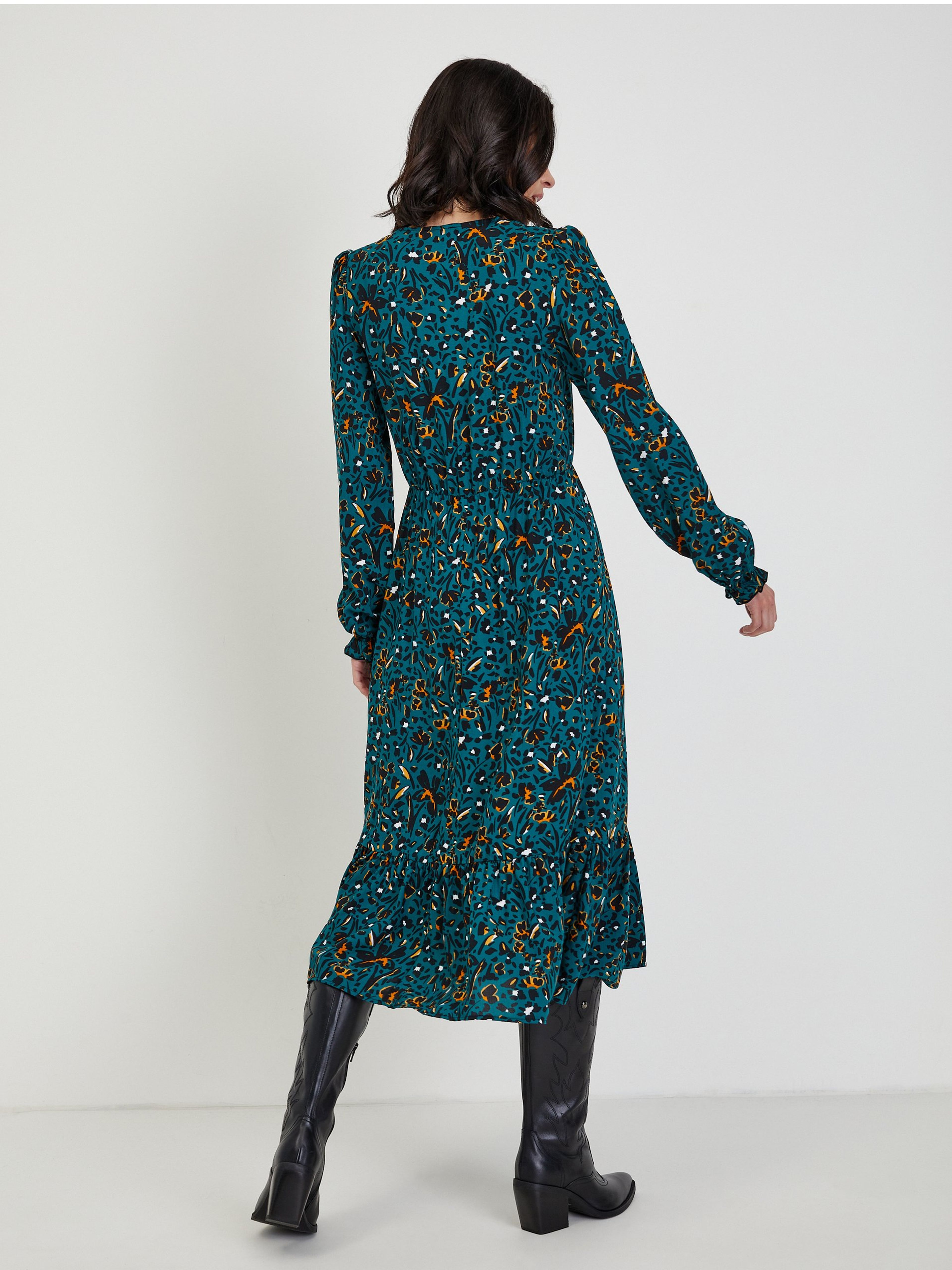 Dunkelgrünes gemustertes Damen Midikleid ORSAY