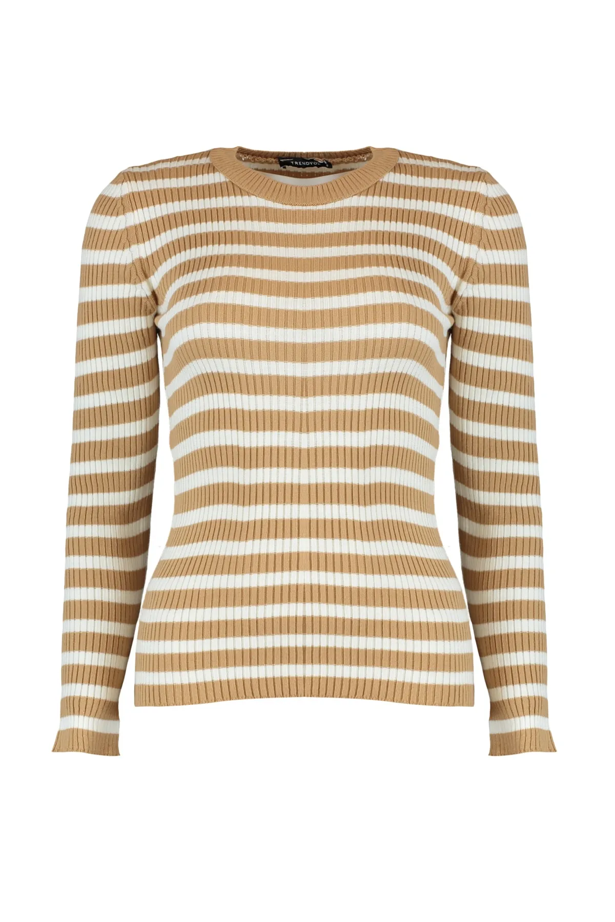 Trendyol Collection  Kamelfarbener Basic-Strickpullover mit Streifen TWOAW21KZ0942