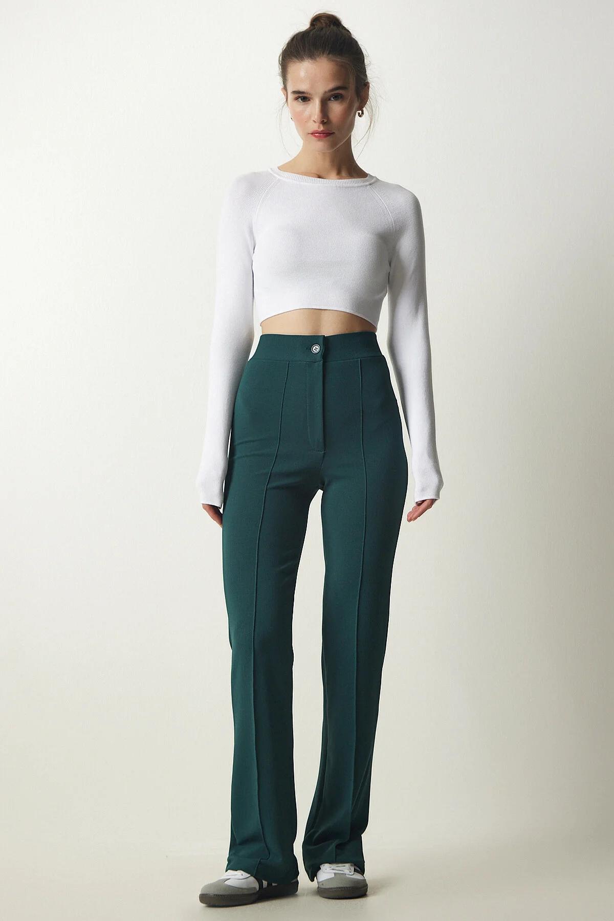 Happiness İstanbul  Smaragdgrüne bequeme Strickhose aus Lycra mit hoher Taille für Damen RV00090