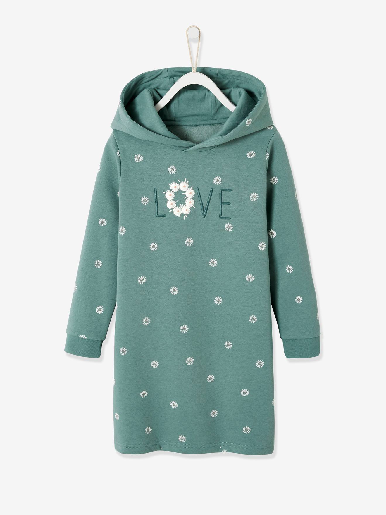 Robe à capuche en molleton fille détails fantaisie vert