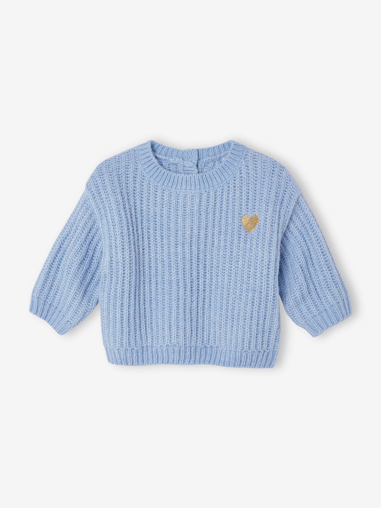 Pull tricot bébé coeur doré bleu ciel