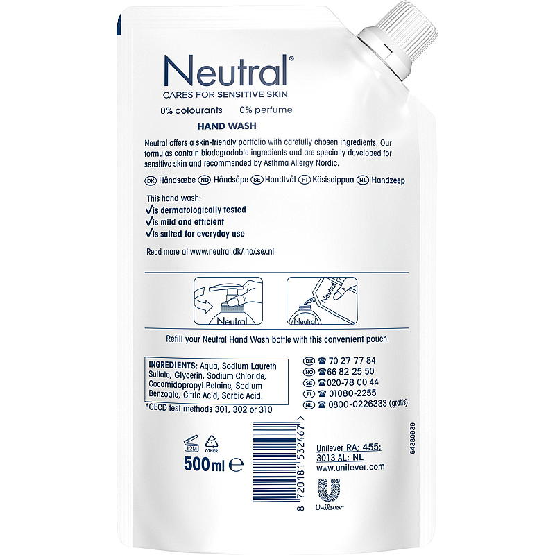 Neutral Håndsåpe 500 ml parfymefri refill Neutral