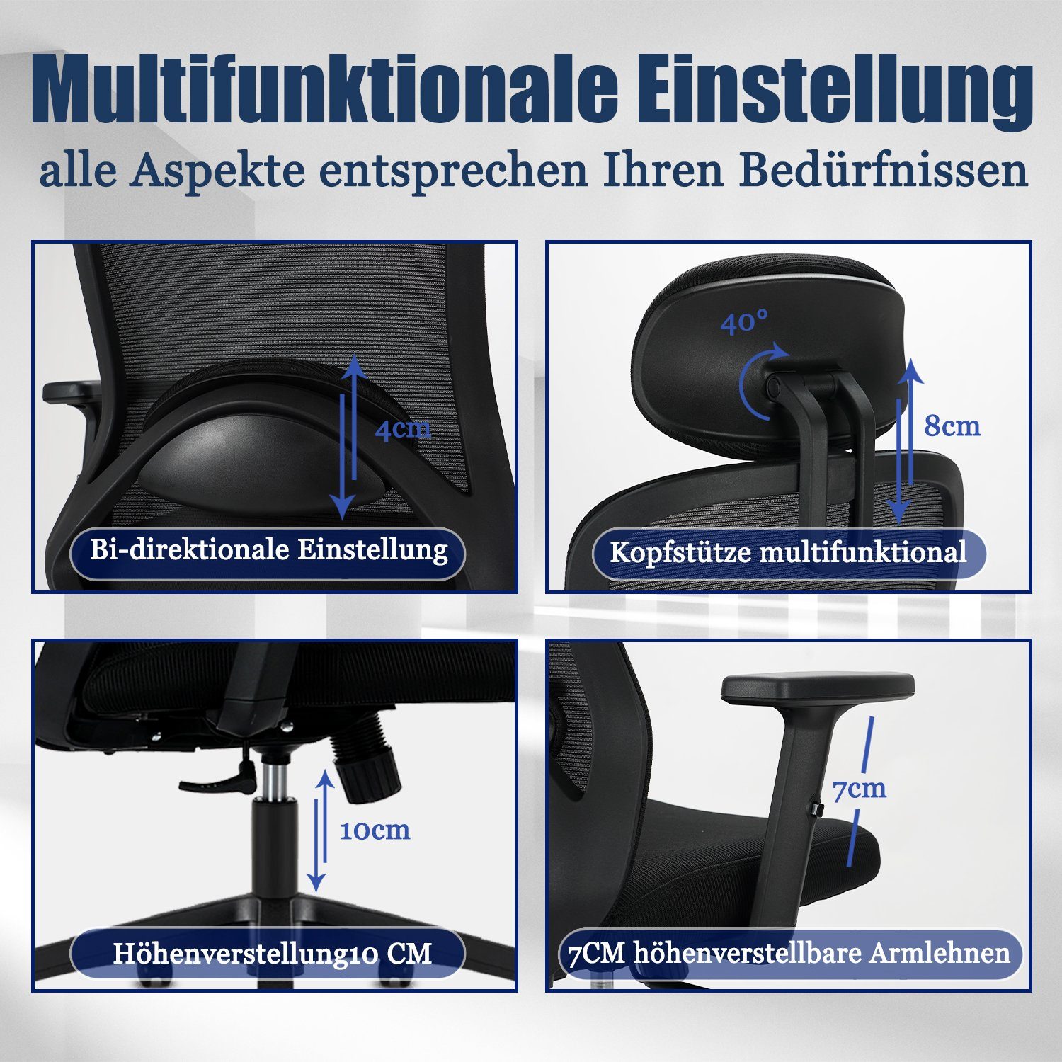 Durrafy Bürostuhl Bürostuhl Ergonomischer,Chefsessel,Schreibtischstuhl, mit Wippfunktion bis 130°, Leise rollen, Bürostuhl 150 KG