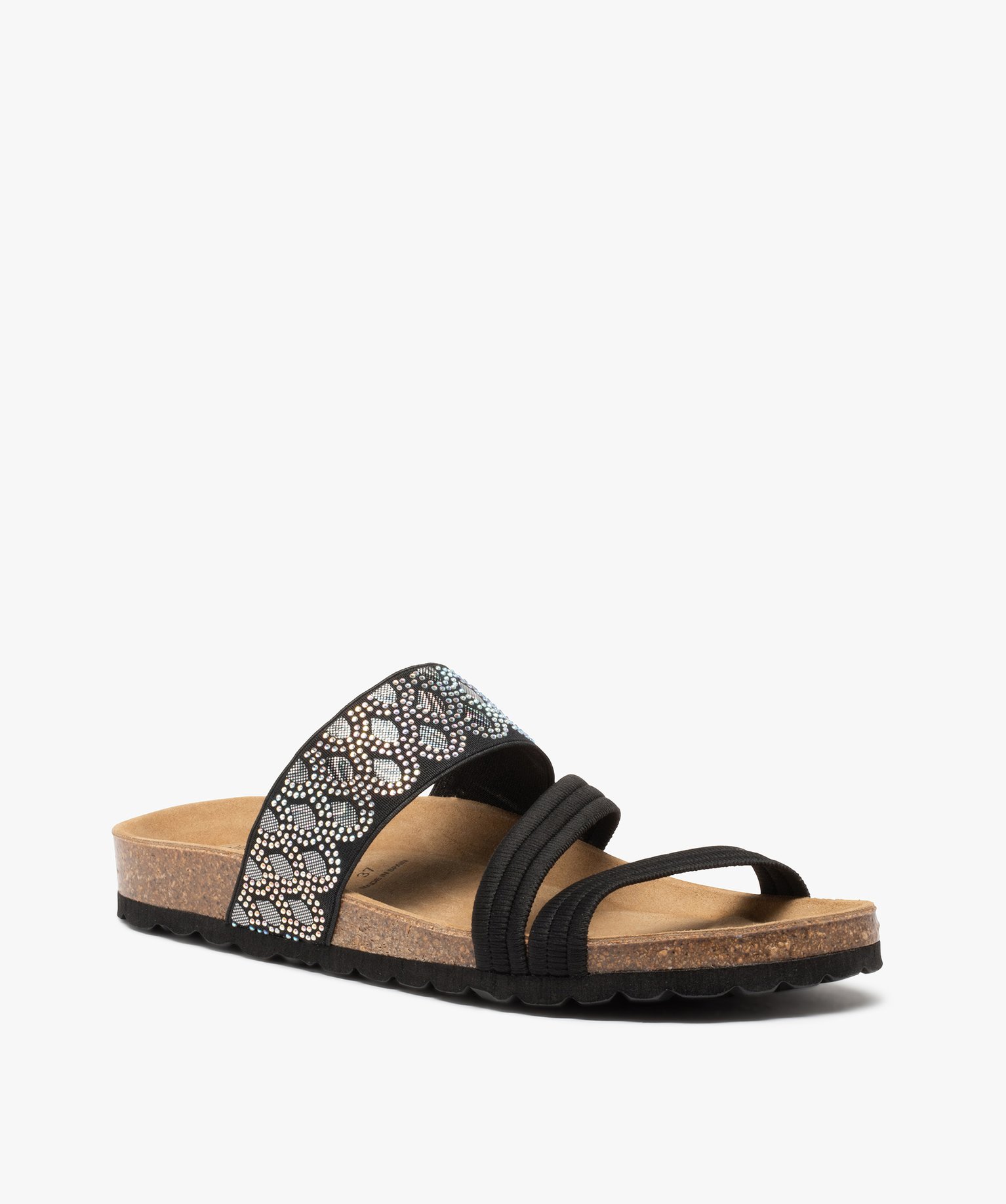 Mules femme à talon plat avec brides élastiques fantaisie noir | GEMO