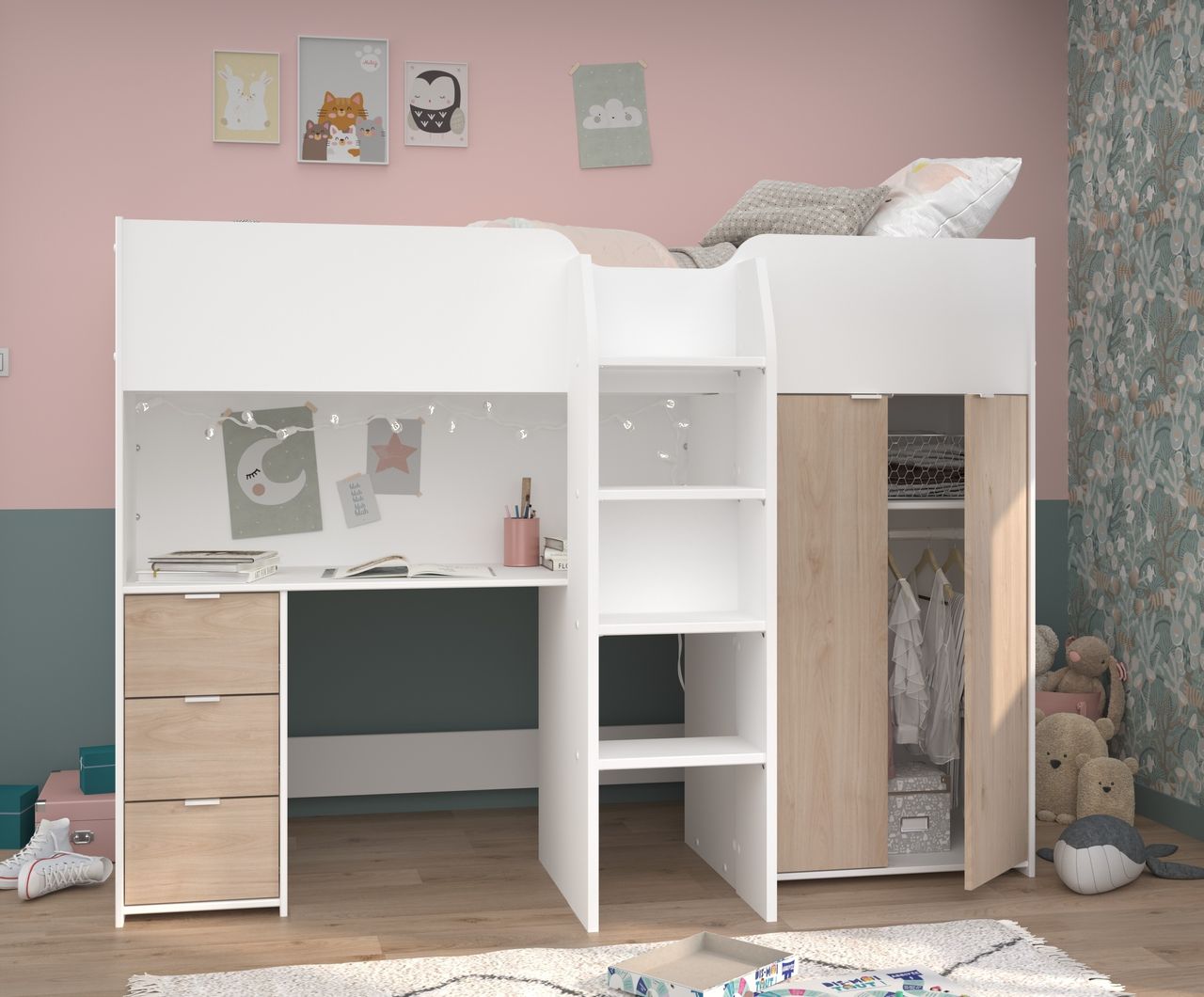 Parisot Hochbett, Tom - mit integriertem Schreibtisch und Kleiderschrank