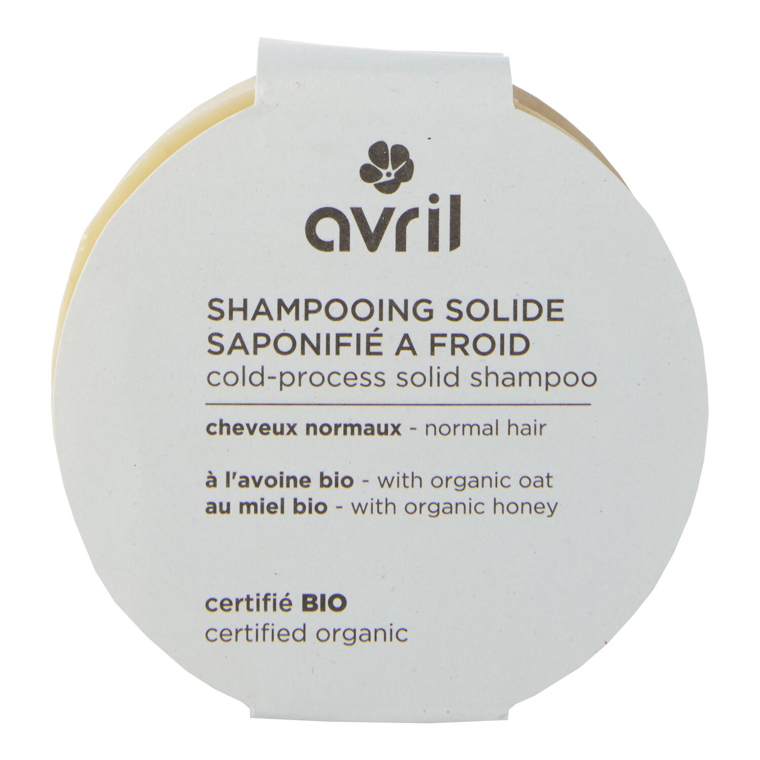 Avril Shampooing solide saponifié à froid Cheveux normaux Certifié bio