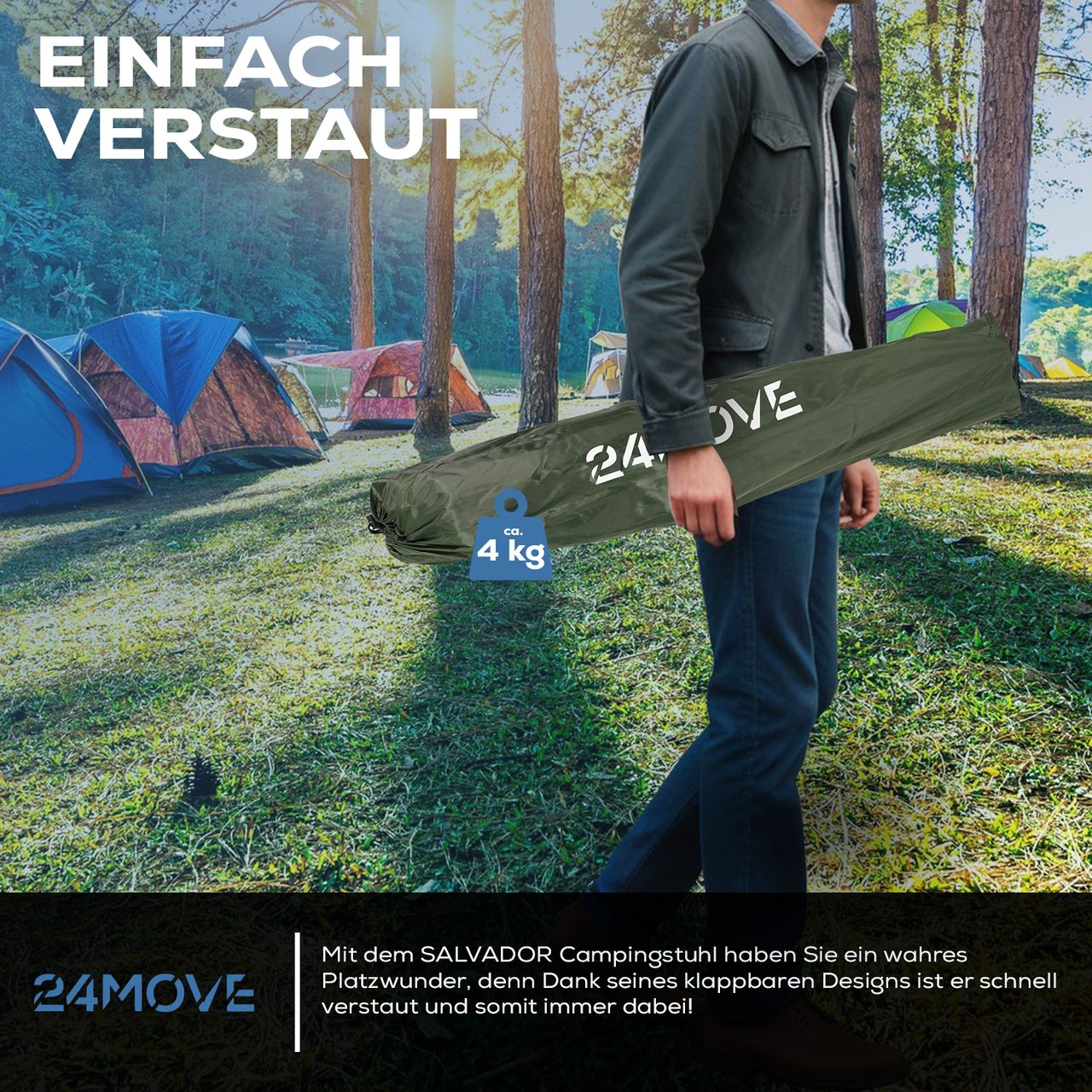 TroniTechnik 24MOVE® Campingstuhl Salvador faltbar Klappstuhl gepolstert mit Tragetasche,150kg belastbar,grün
