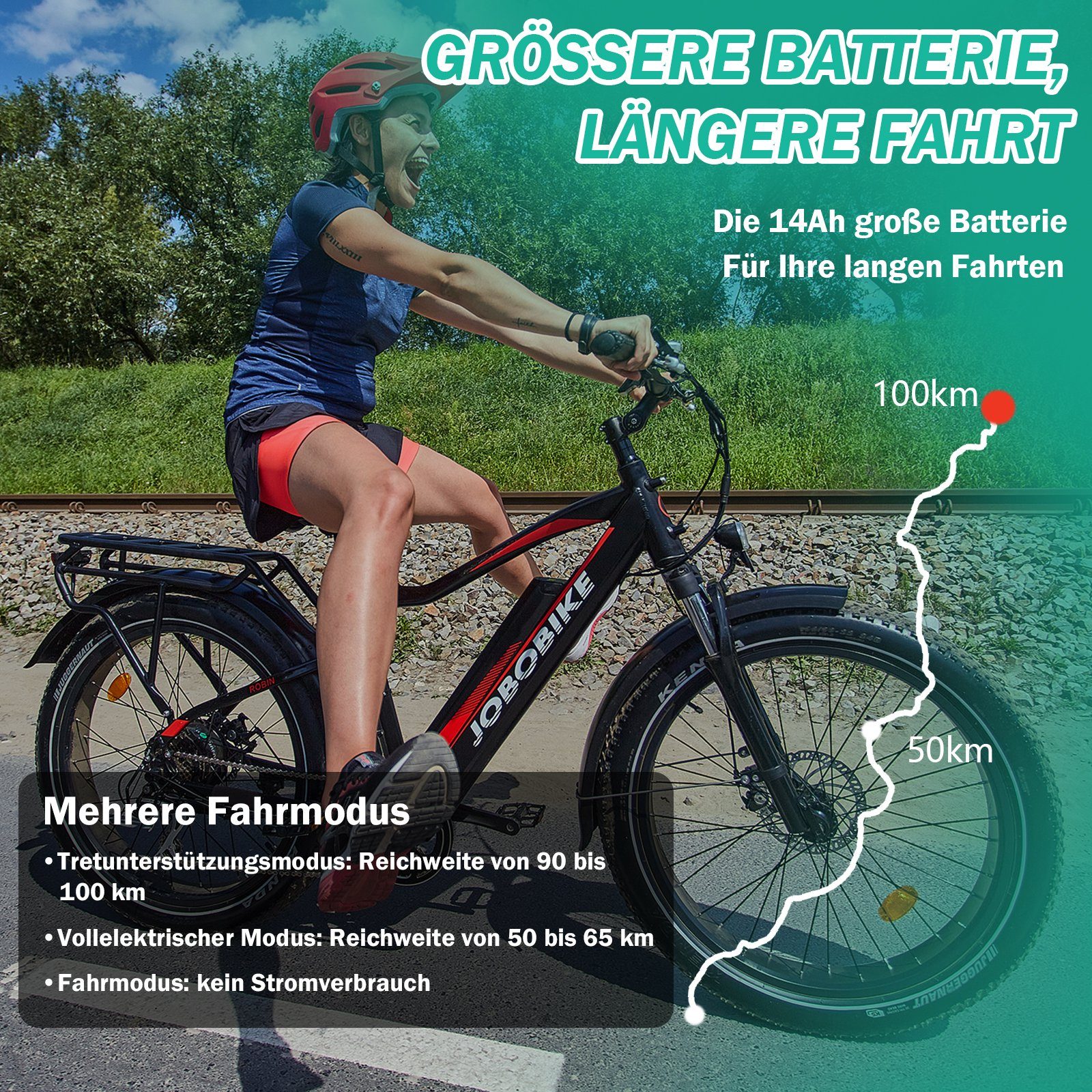 JOBOBIKE E-Bike MTB E33 Robin ebike sale Damen Herren für Fitness, 7 Gang Shimano, Kettenschaltung, Heckmotor, 672,00 Wh Akku, Hardtail E-Mountainbikes 26 Zoll Fat Tire Elektrofahrrad Heckmotor