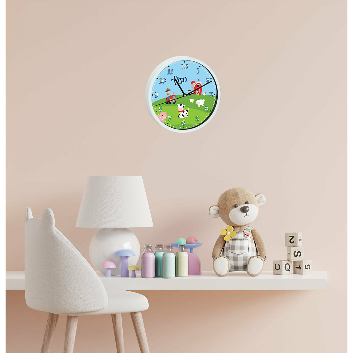 Kinder Wanduhr personalisiert mit Name Bauernhof