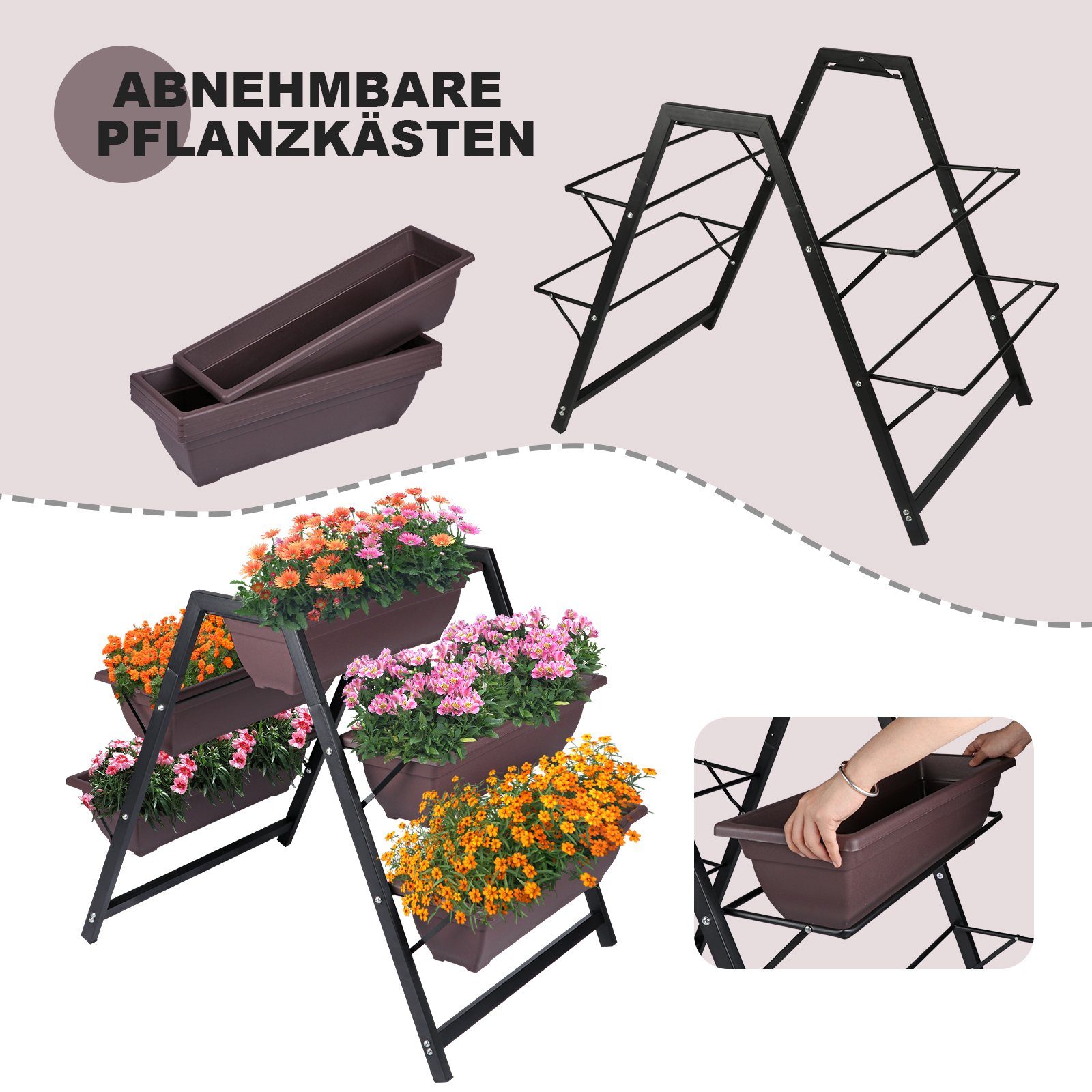 KAHOO Pflanzentreppe 3-stufiger Blumenständer, 65x90x79cm, 5 Kästen + Ausguss