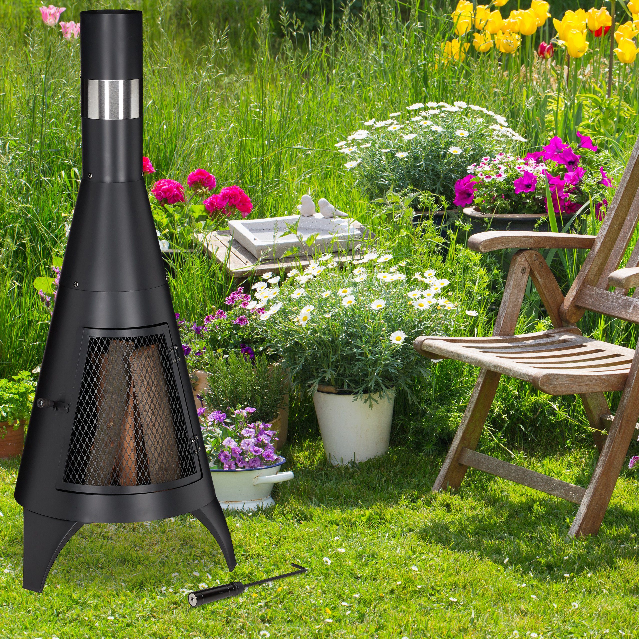 relaxdays Feuerkorb Terrassenofen mit Tür schwarz