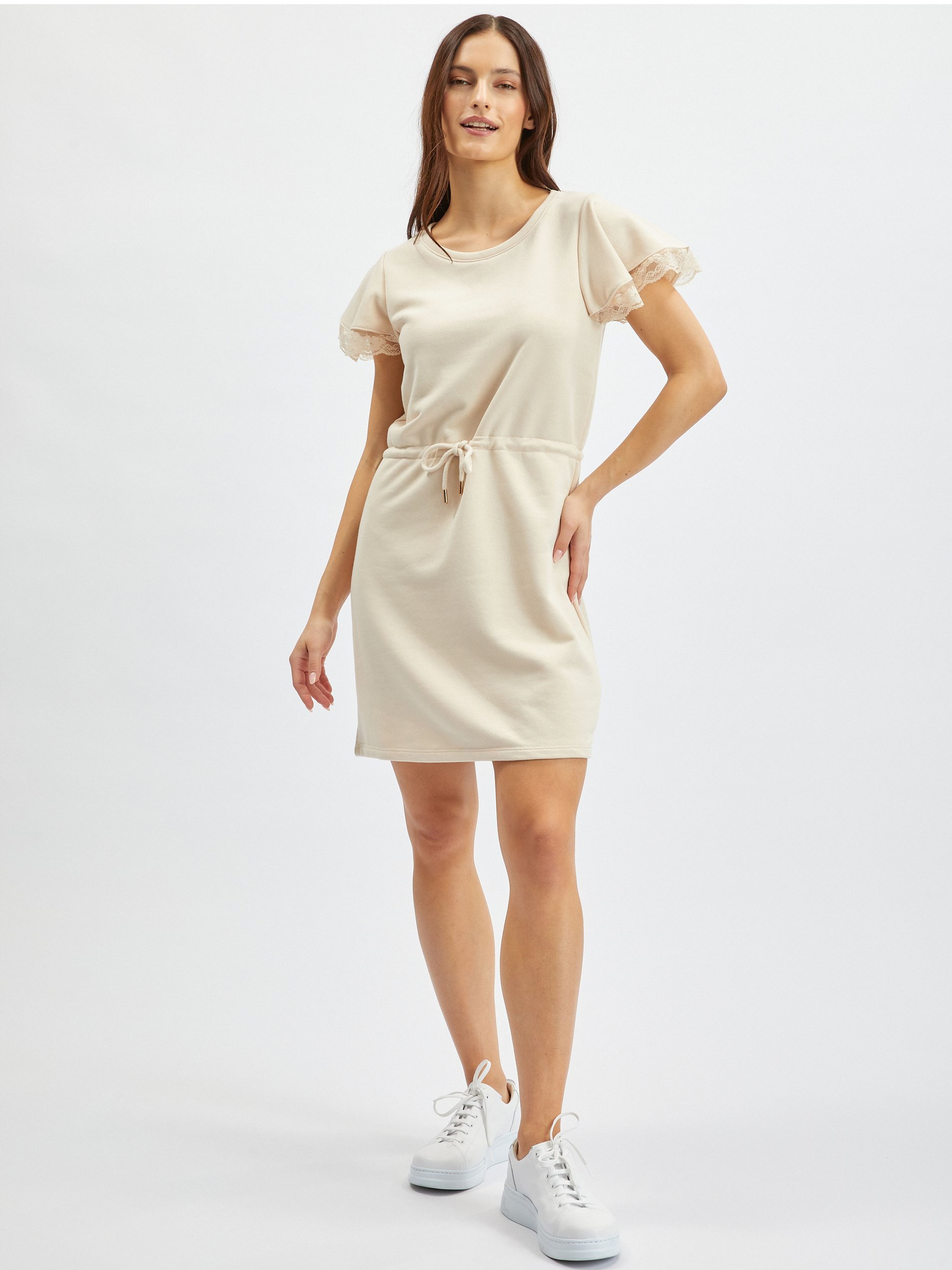 Beigefarbenes Damen-Sweatshirt-Kleid mit Spitze ORSAY
