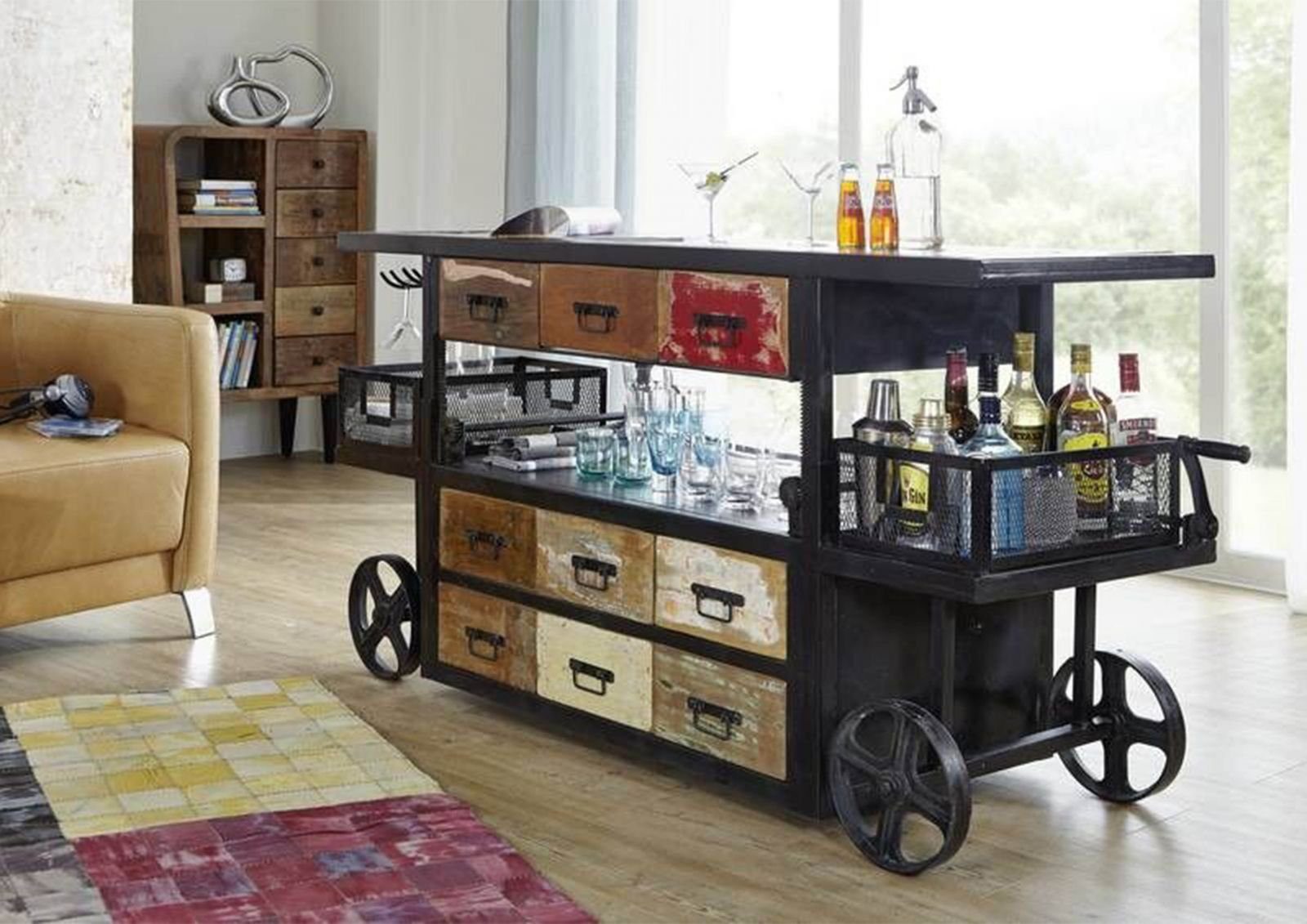 Massivmoebel24 Barschrank Bar Altholz 168x56x85 mehrfarbig lackiert INDUSTRIAL #17