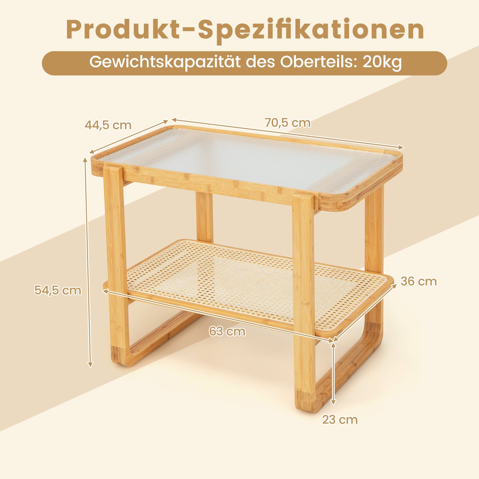 COSTWAY Beistelltisch, mit Glasplatte&Rattanablage, Bambus, 70,5x44,5x54,5cm