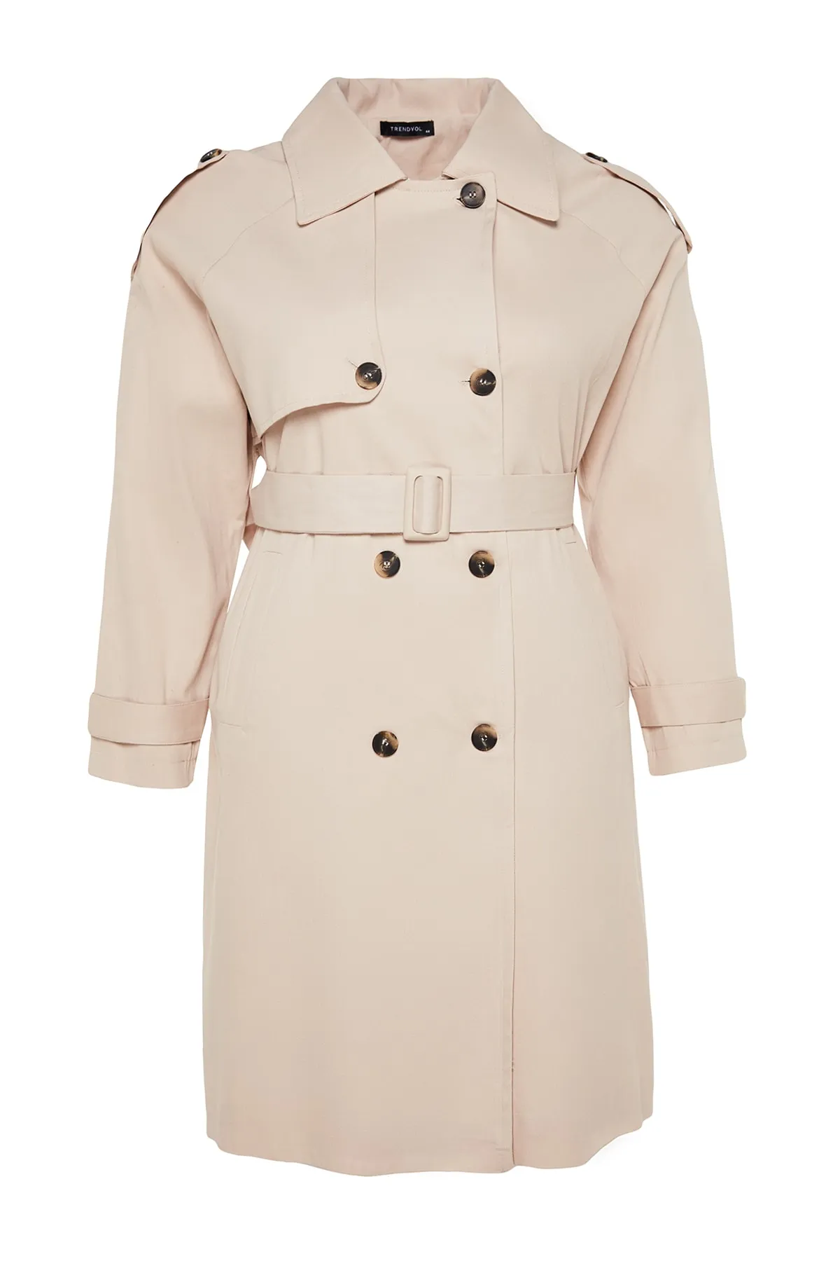 Trendyol Curve  Beigefarbener Gabardine-Trenchcoat mit Taillengürtel TBBAW24BM00002
