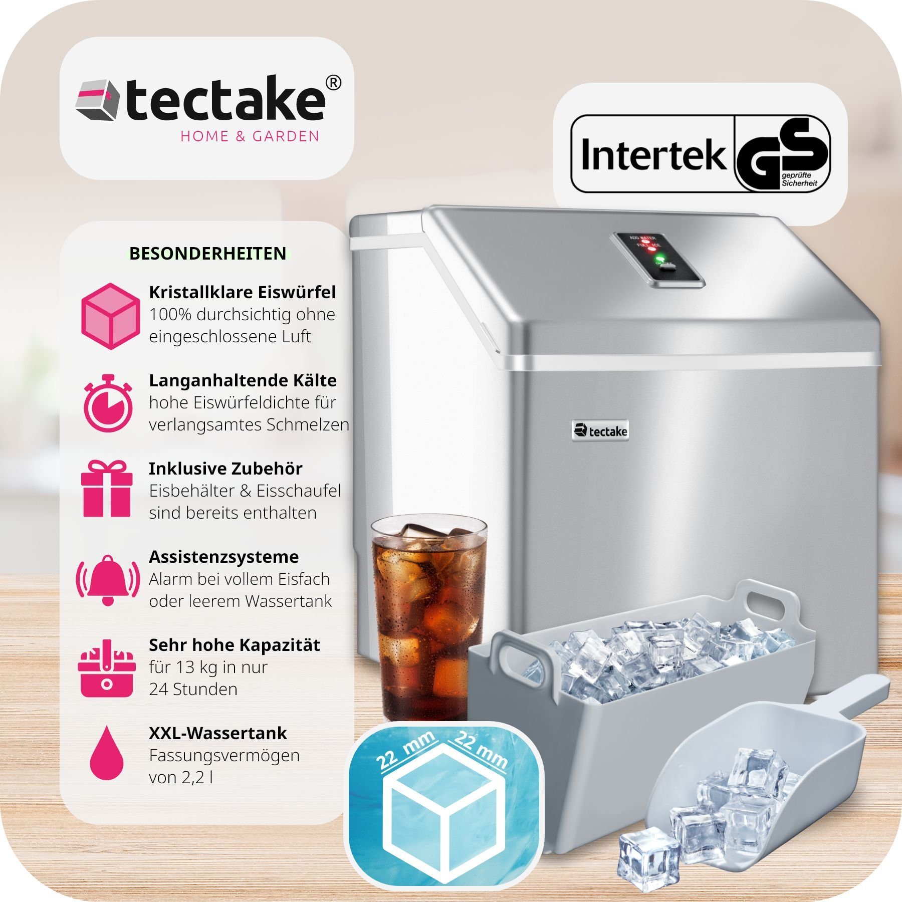 tectake Elektrischer Eiswürfelbereiter Eiswürfelmaschine für klare Eiswürfel