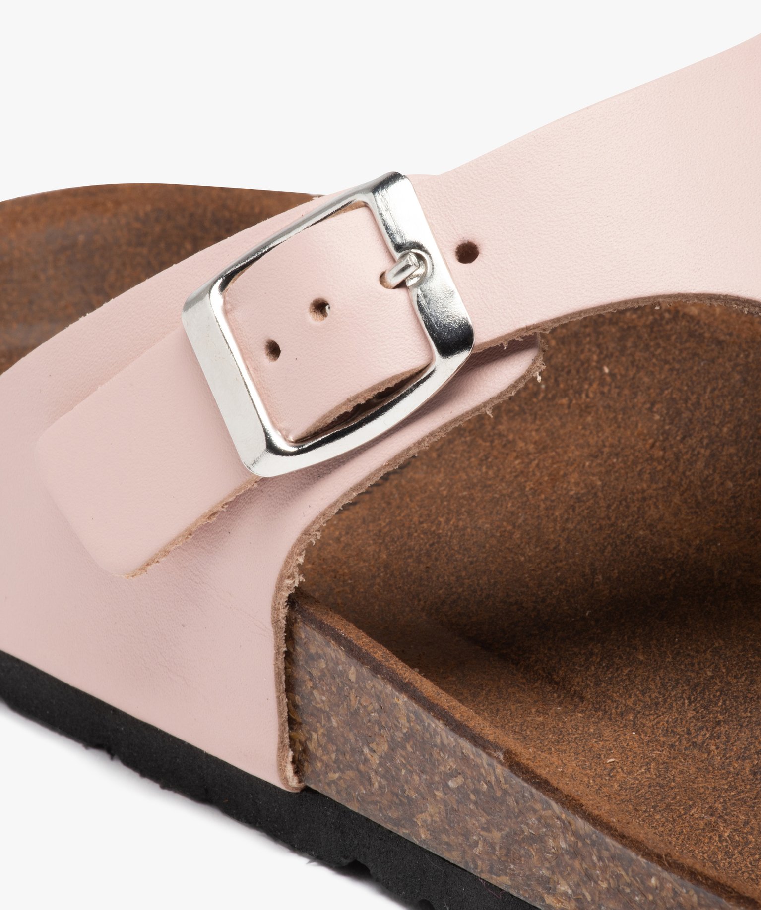 Mules femme à talon plat et bride entre-doigts en cuir rose | GEMO