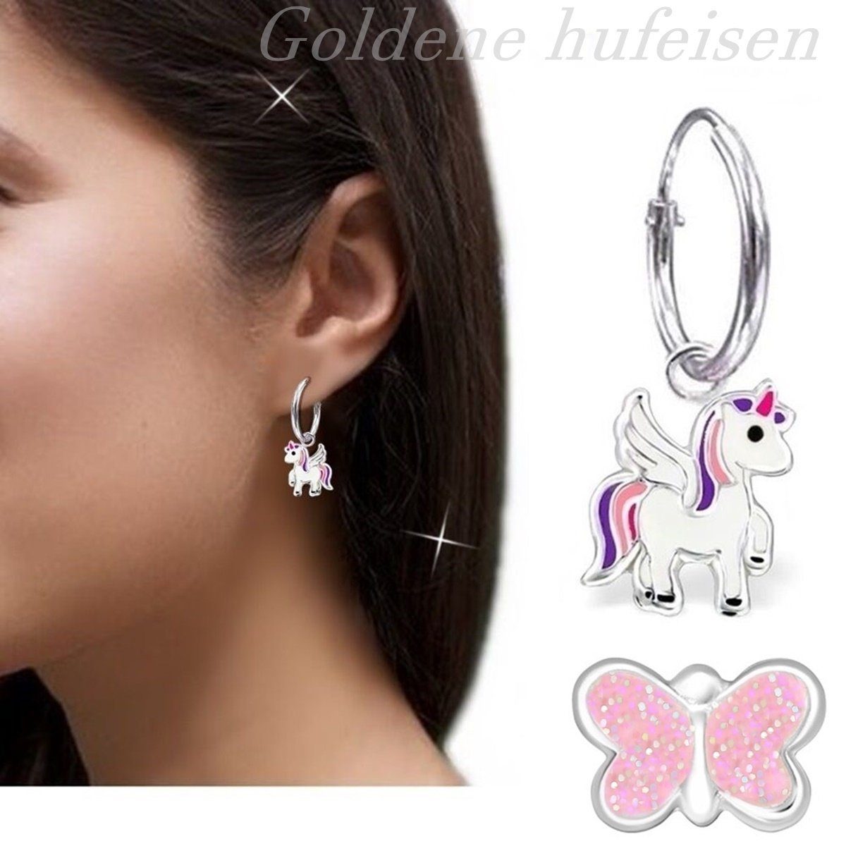 Goldene Hufeisen Creolen-Set 2 Paar Set Mädchen Kinder Ohrstecker Creolen Einhorn 925 Silber (inkl. Etui, 4-tlg), Kinderschmuck