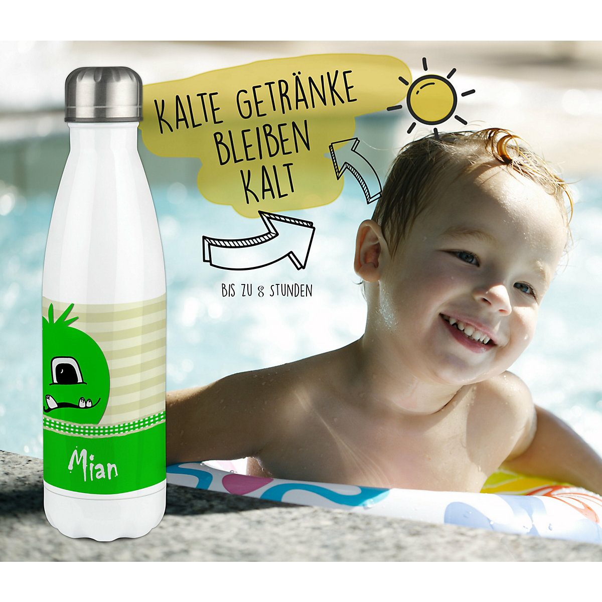 Edelstahl Kinder Thermoflasche / Trinkflasche bunt Monster Karo Farbe grün Spülmaschinenfest, Auslaufsicher, Bruchfest, Doppelwandig, Für Heißgetränke geeignet, Mit Deckel, Isoliert