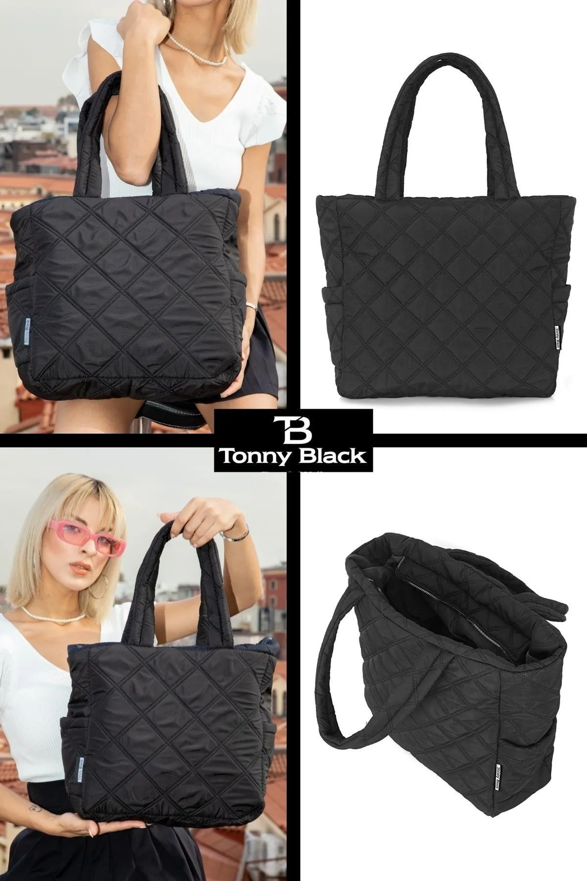 Tonny Black  Original großvolumige Damen-Komfortmodell mit Reißverschluss, gesteppter Tragetasche, aufblasbarer Shopper-Griff