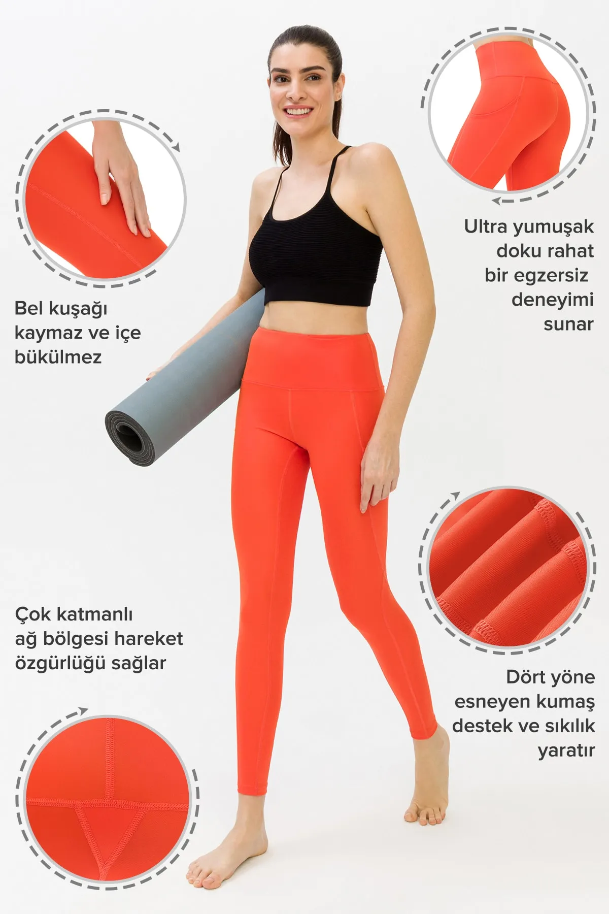 LOS OJOS  Orangefarbene Damen-Leggings mit hoher Taille und doppelten Taschen