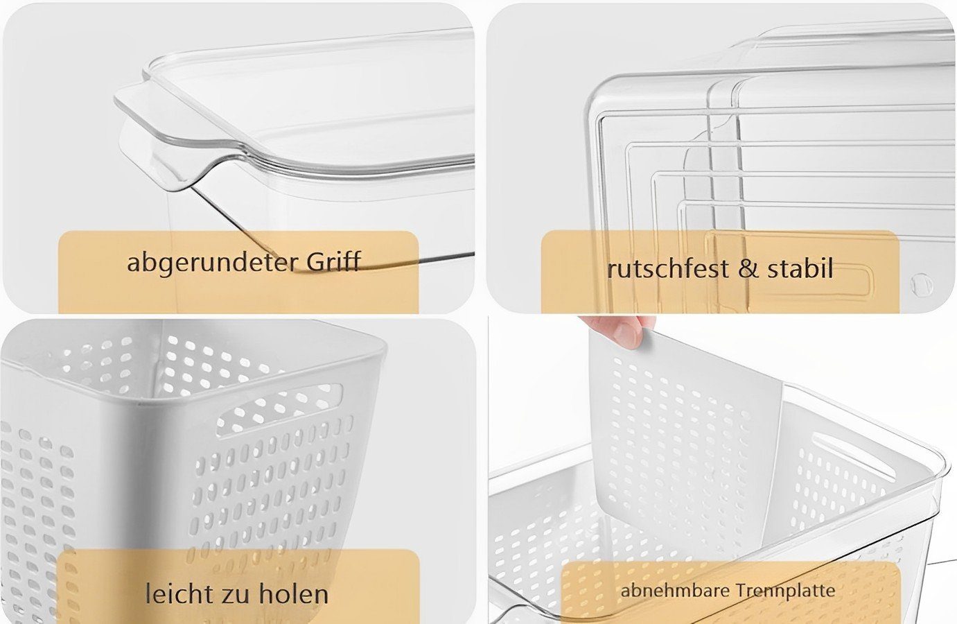 Creliv Korbeinsatz mit Deckel für Kühlschrank, 4 Kühlschrank Aufbewahrungsboxen, Stapelbar, BPA Frei