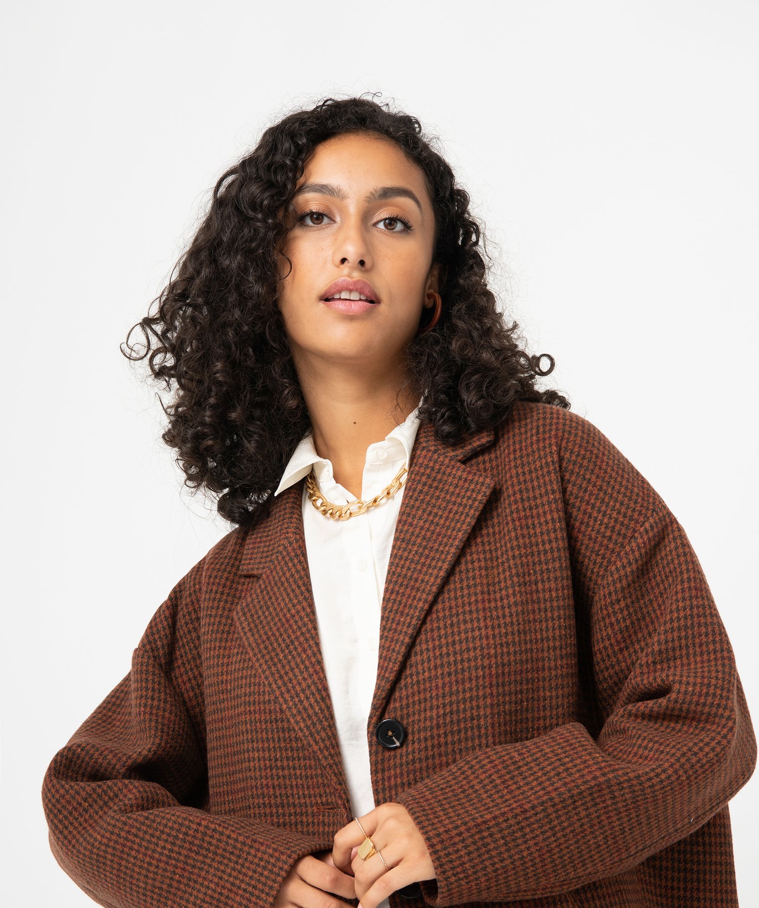 Manteau femme en drap de laine motif pied-de-poule orange | GEMO