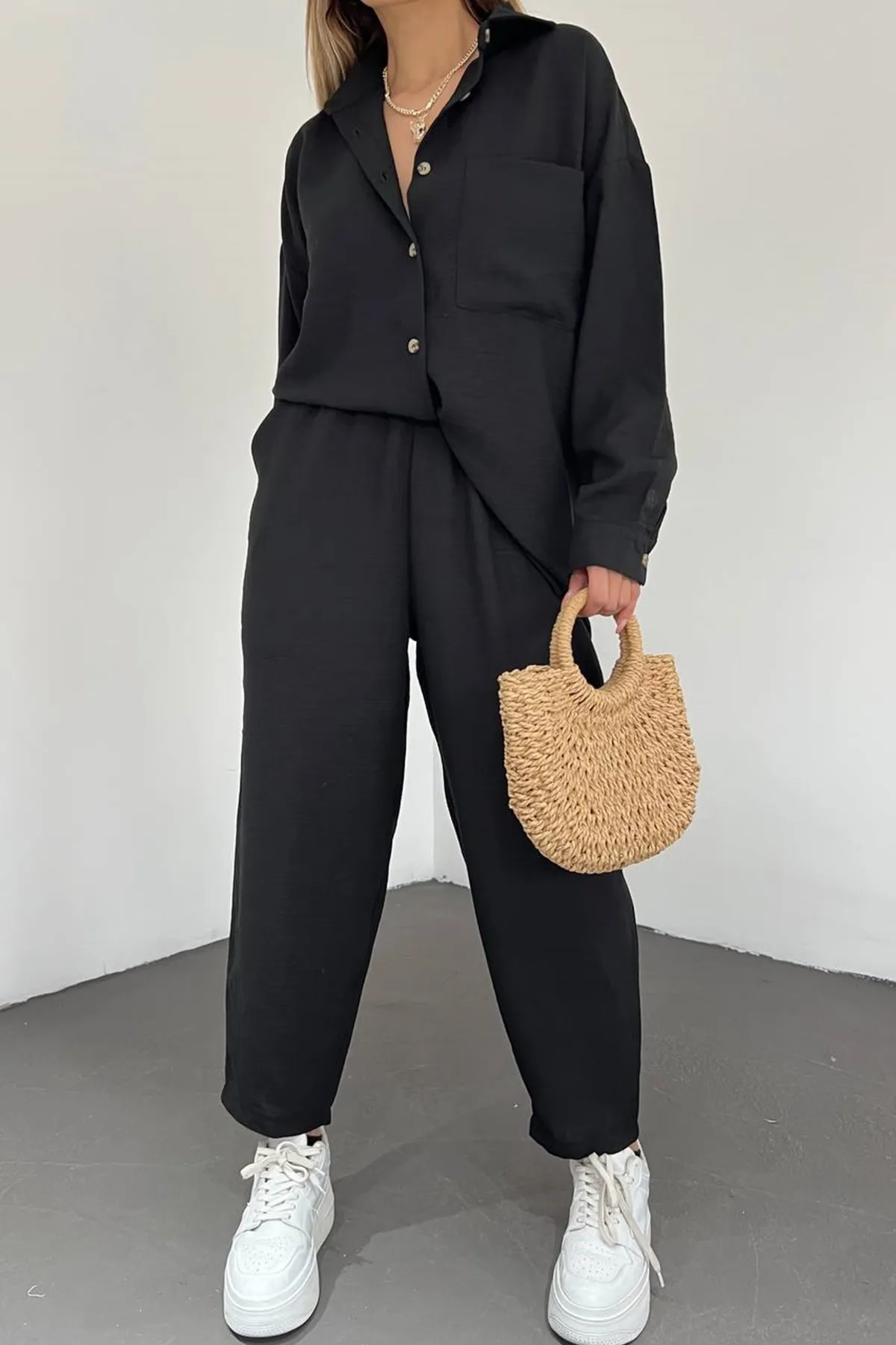 lovebox  Damen-Set aus Leinenstoff mit Taschendetail, Übergröße, doppeltes schwarzes Hemd und Hose, 10277