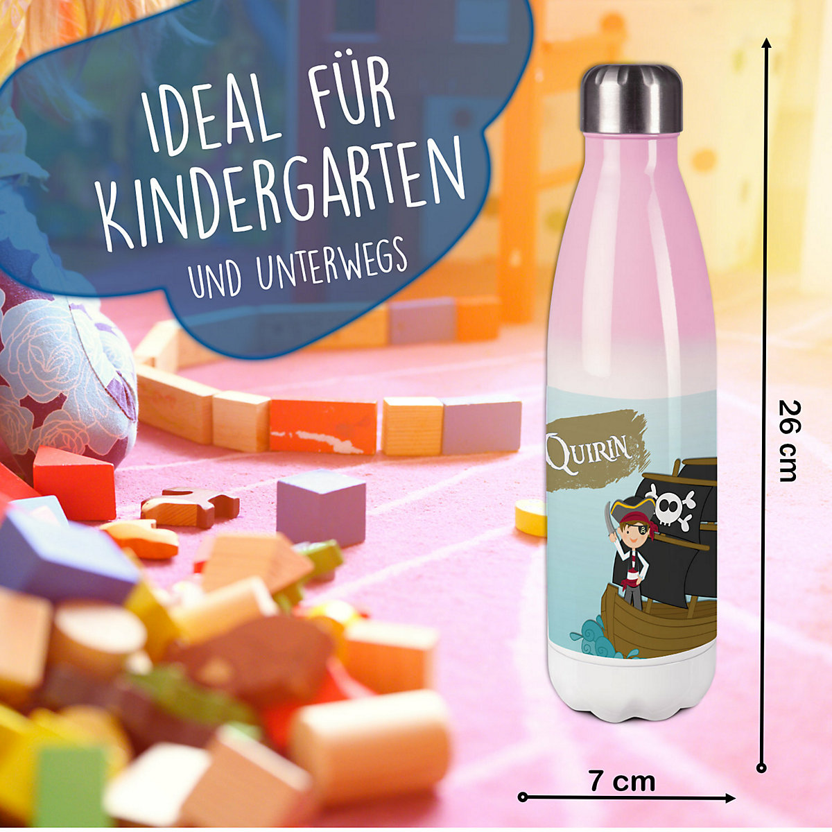 Edelstahl Kinder Thermoflasche / Trinkflasche bunt Pirat Spülmaschinenfest, Auslaufsicher, Bruchfest, Doppelwandig, Für Heißgetränke geeignet, Mit Deckel, Isoliert