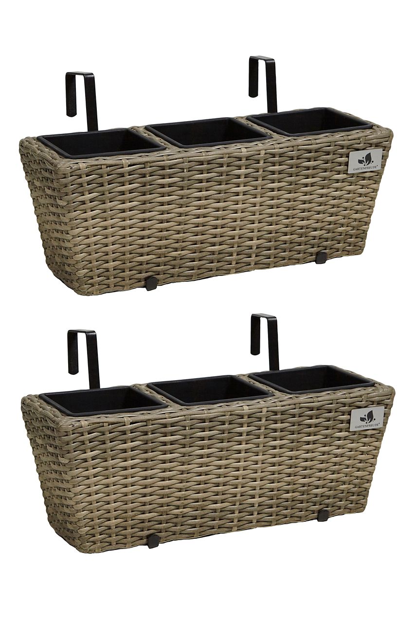Weles Polyrattan Balkonkasten 2 Stück inkl. Aufhängung, 47 x 17 x 15 cm, 3er Kunststoffeinsatz, naturfarbe