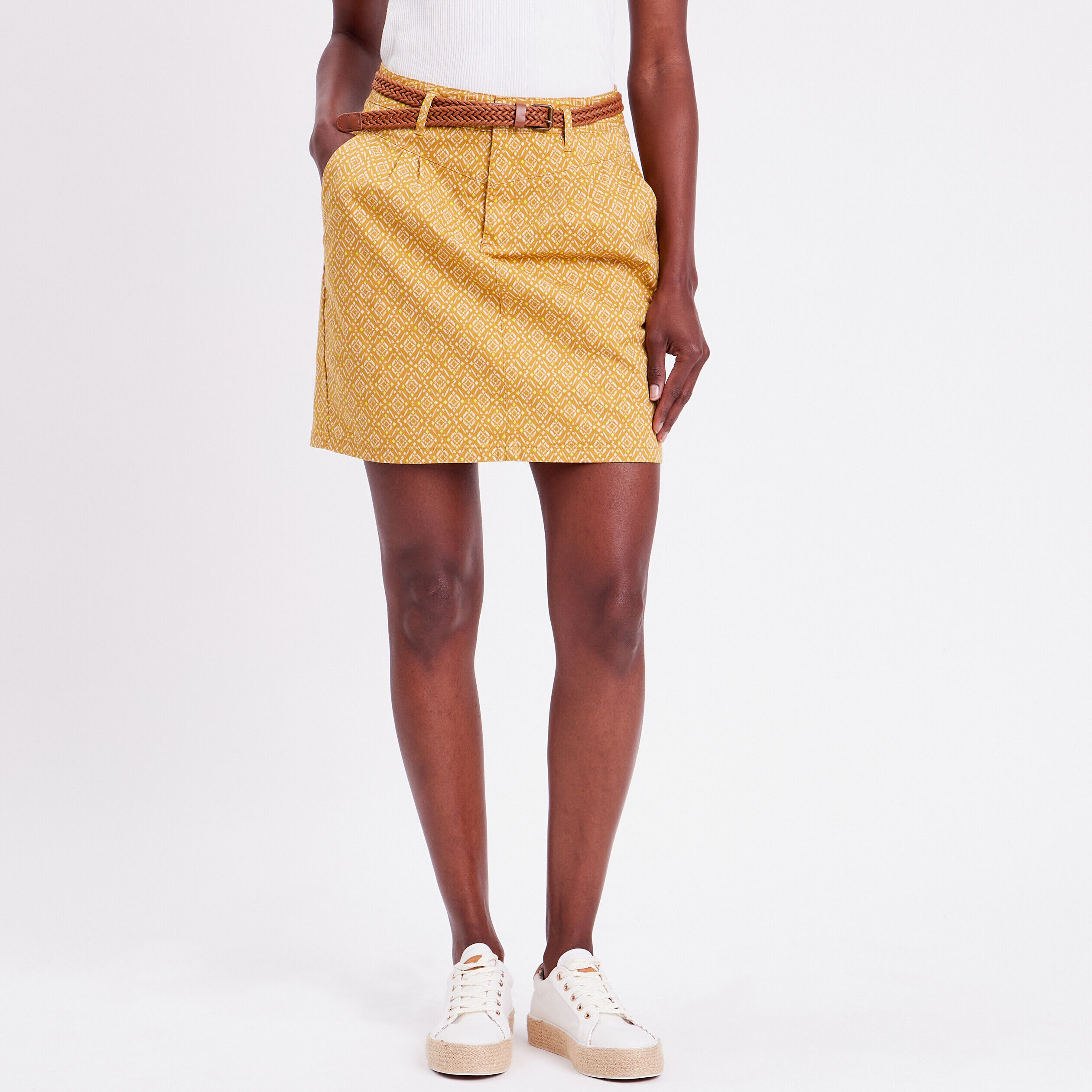 Jupe chino droite ceinturée jaune moutarde femme | Cache Cache