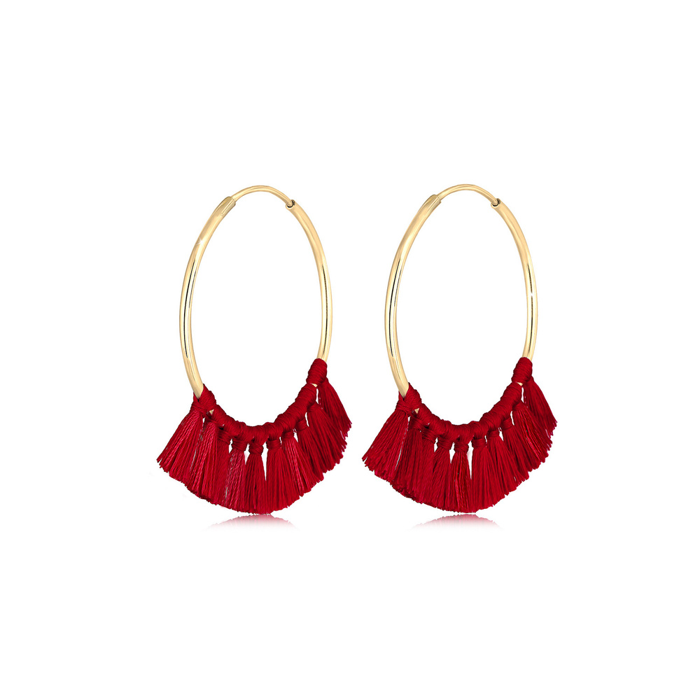 Elli Elli Boucles d'Oreilles Créole Boho Pompon Rouge Boucles d'oreilles Femme - Plaqu Boucles d'oreilles
