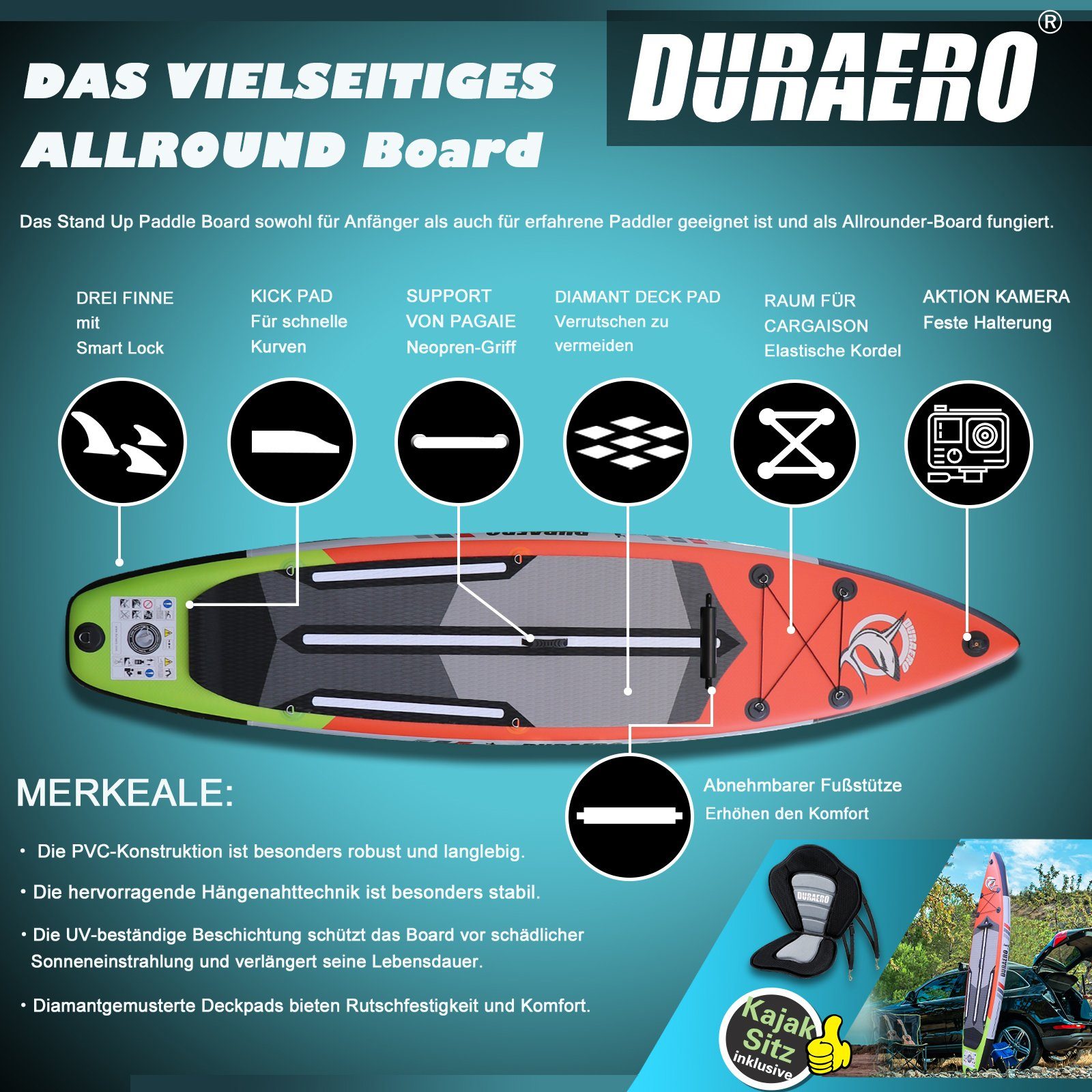 DURAERO Inflatable SUP-Board Stand up Paddle Board Aufblasbare SUP Board Set, 330x76x15cm