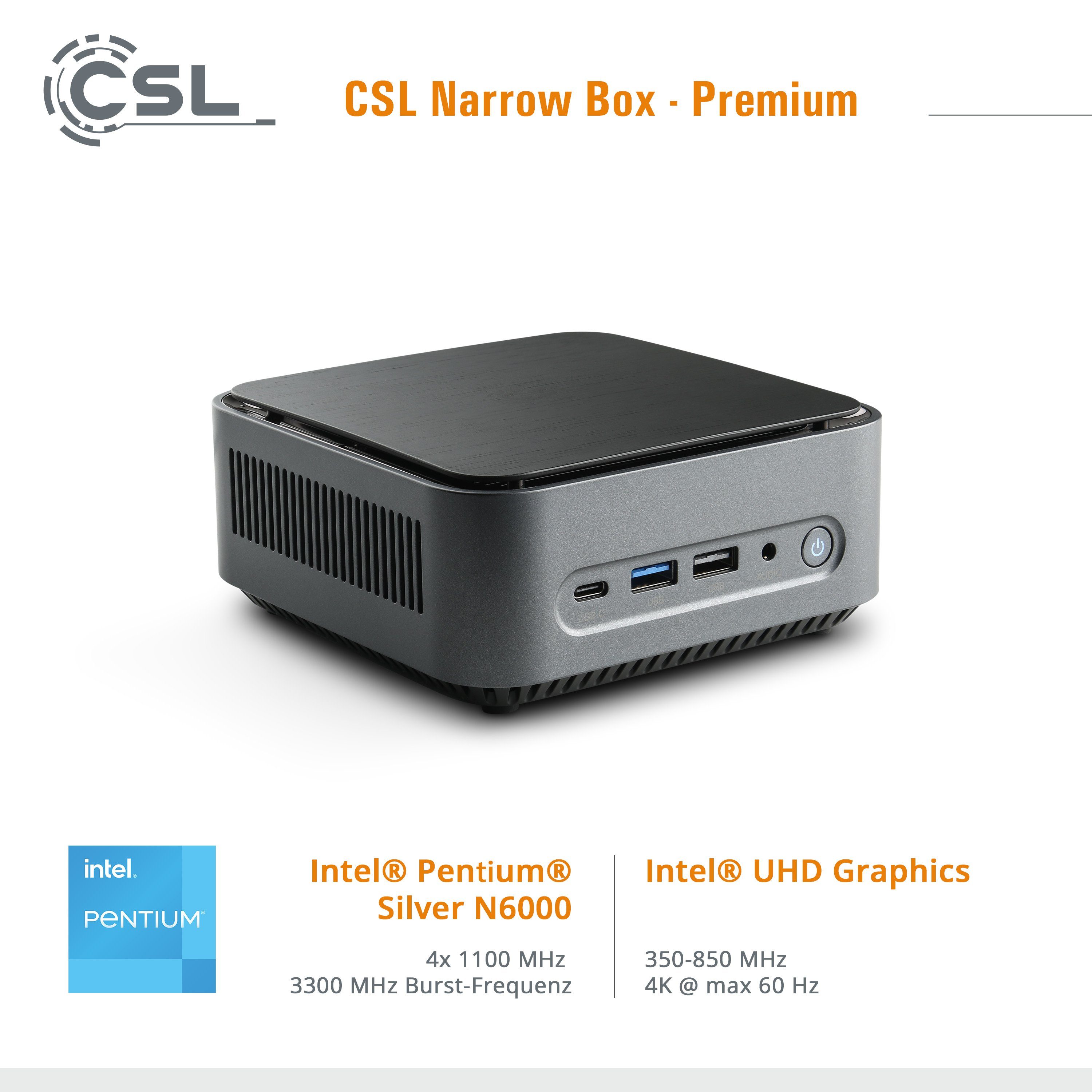 CSL Narrow Box Premium / 32GB / 500 GB M.2 SSD / Win 11 Pro PC (Intel® N6000, Intel® UHD Graphics, 8 GB RAM, 500 GB SSD, passiver CPU-Kühler)