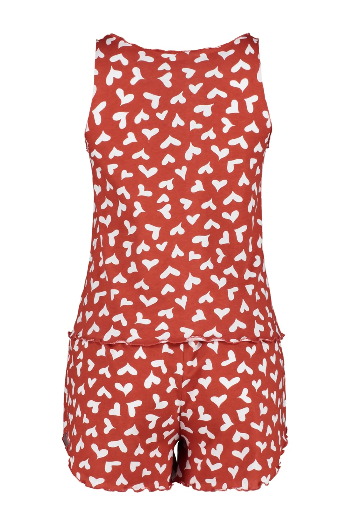 Trendyol Collection  Rotes Pyjama-Set aus 100 % Baumwolle mit Herzmuster und Sportler-Shorts THMSS23PT00199