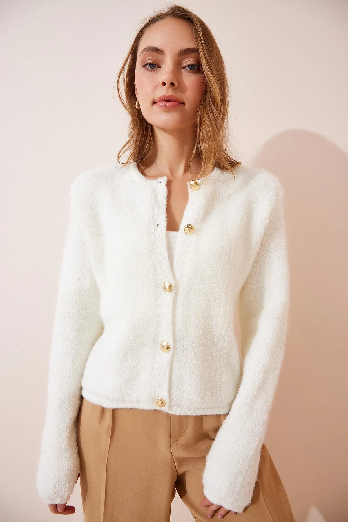 Happiness İstanbul  Strickjacke - Ecru - Regular Fit